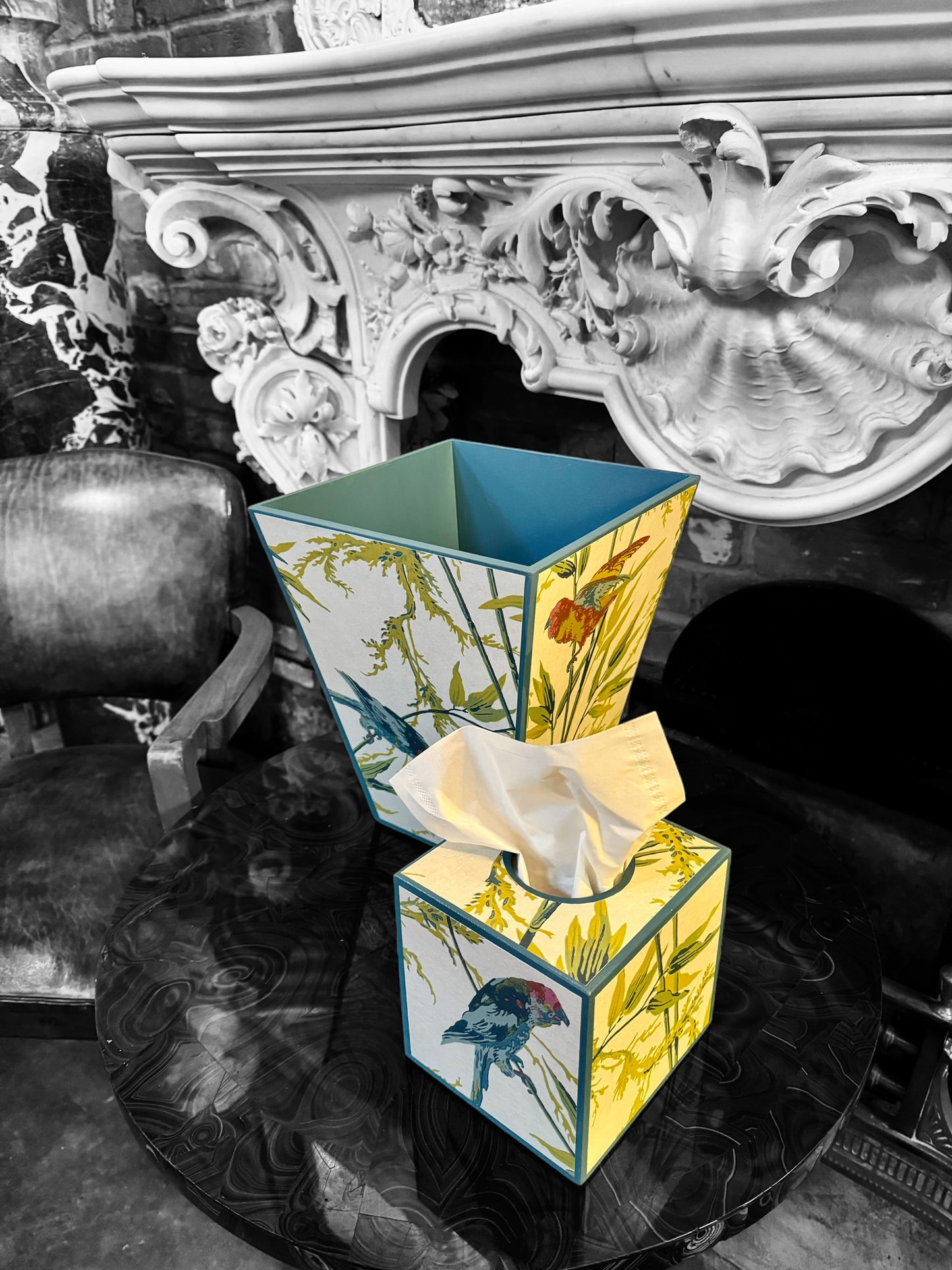 Bloomsbury - Matching set - Waste paper bin and square or rectangle tissue box cover - Decoupage in Great Ormond Street/Little Greene in tropical colour way