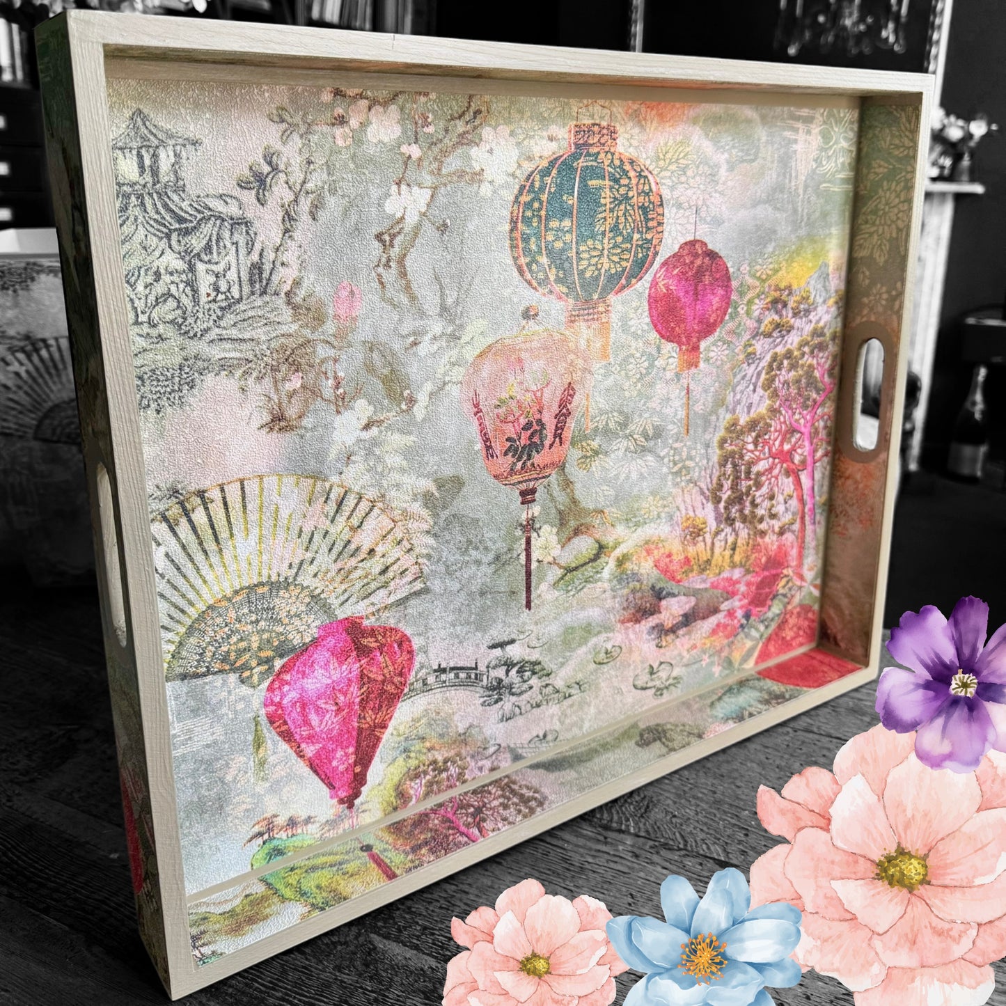 Tokyo - Ottoman tray available in 4 x sizes - Decoupage in intricate Japanese garden inspired textured paper