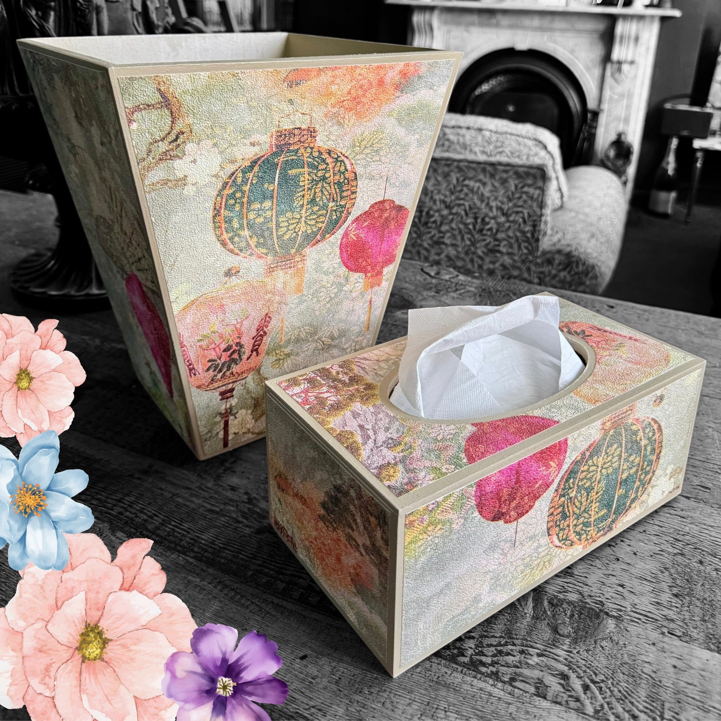 Tokyo - Waste paper bin and matching tissue box cover - Decoupage in intricate Japanese garden inspired textured paper