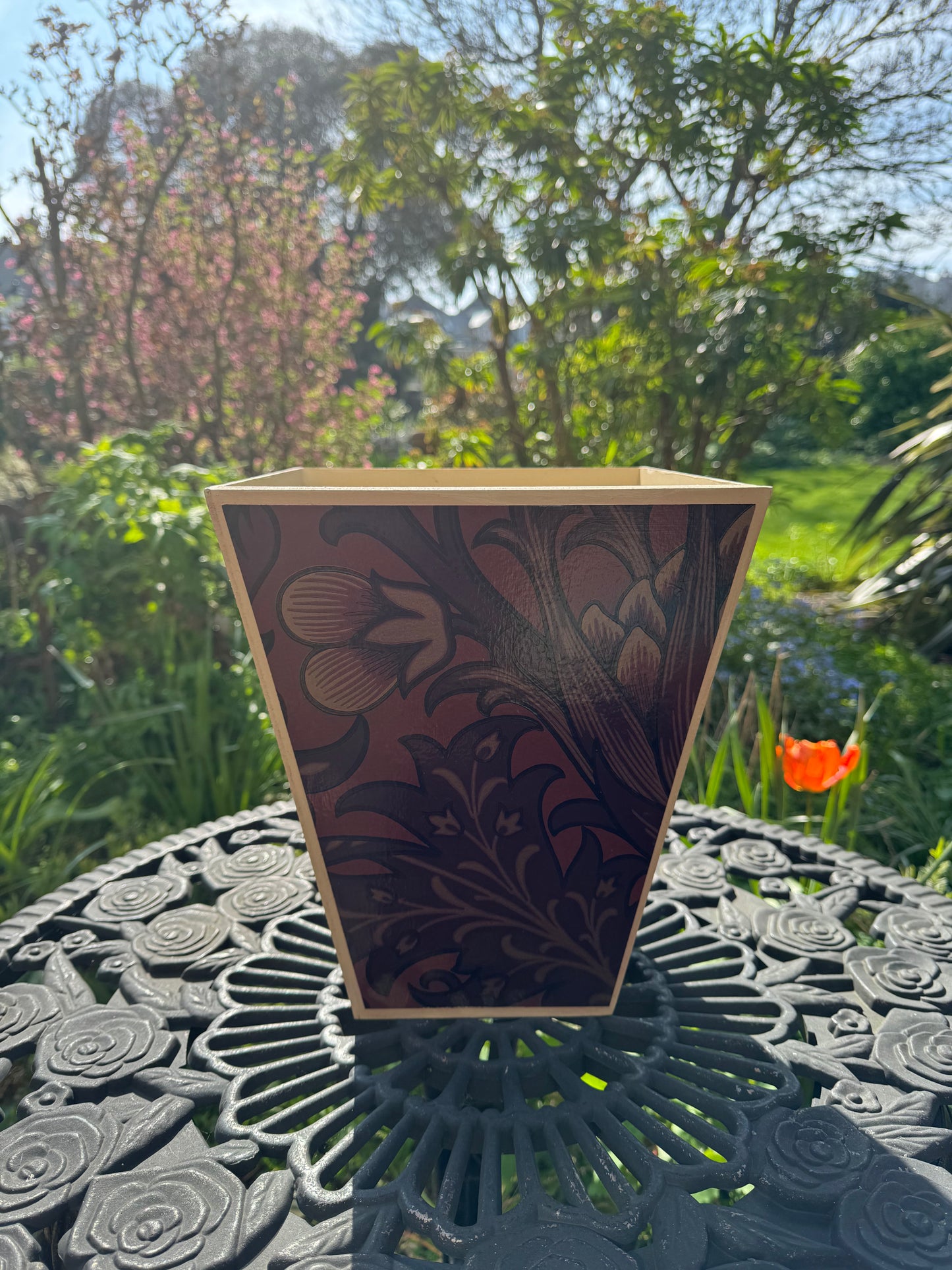 CAMDEN - Waste paper bin - Decoupage in Artichoke/Morris & Co/Sanderson in wine colourway..