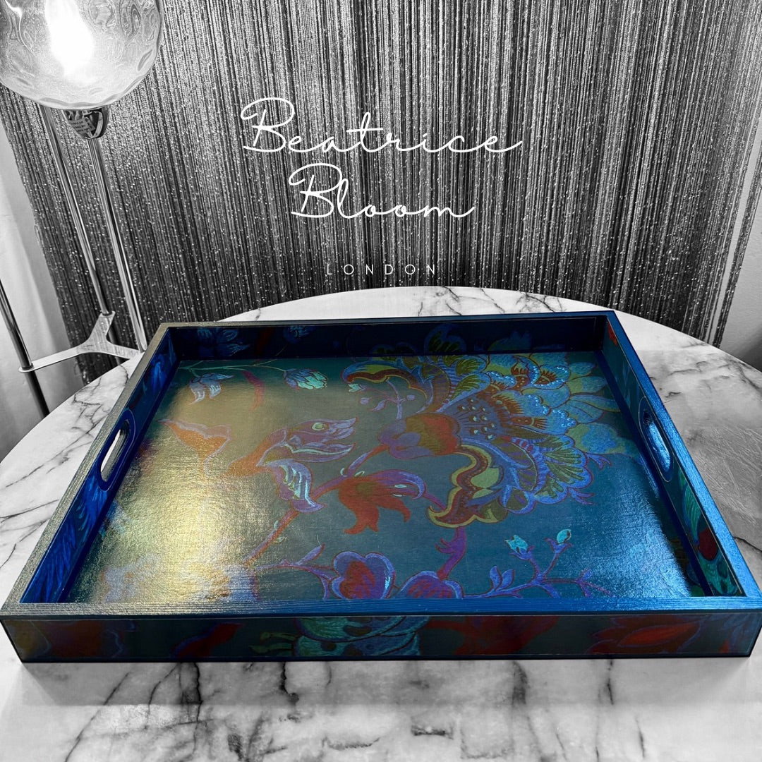Dover - Ottoman tray available in 4 x sizes - decoupage in Majorelle by House of Hackney in petrol colourway