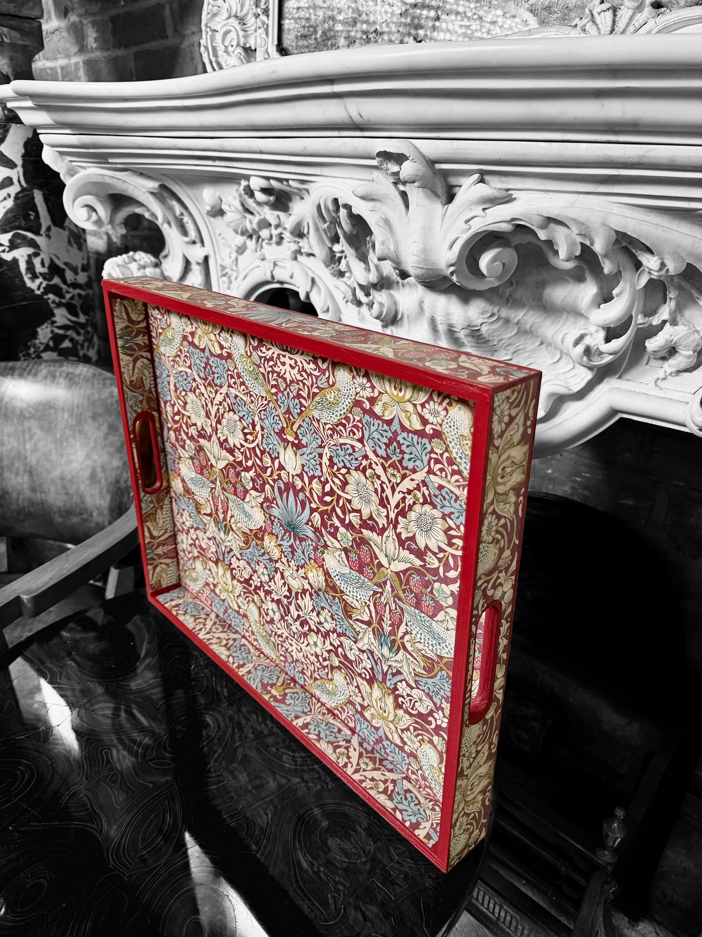 Kelmscott 'The red edit' - Ottoman tray available in 4 x sizes - Decoupage in William Morris Strawberry Thief by Clarke & Clarke in plum colourway