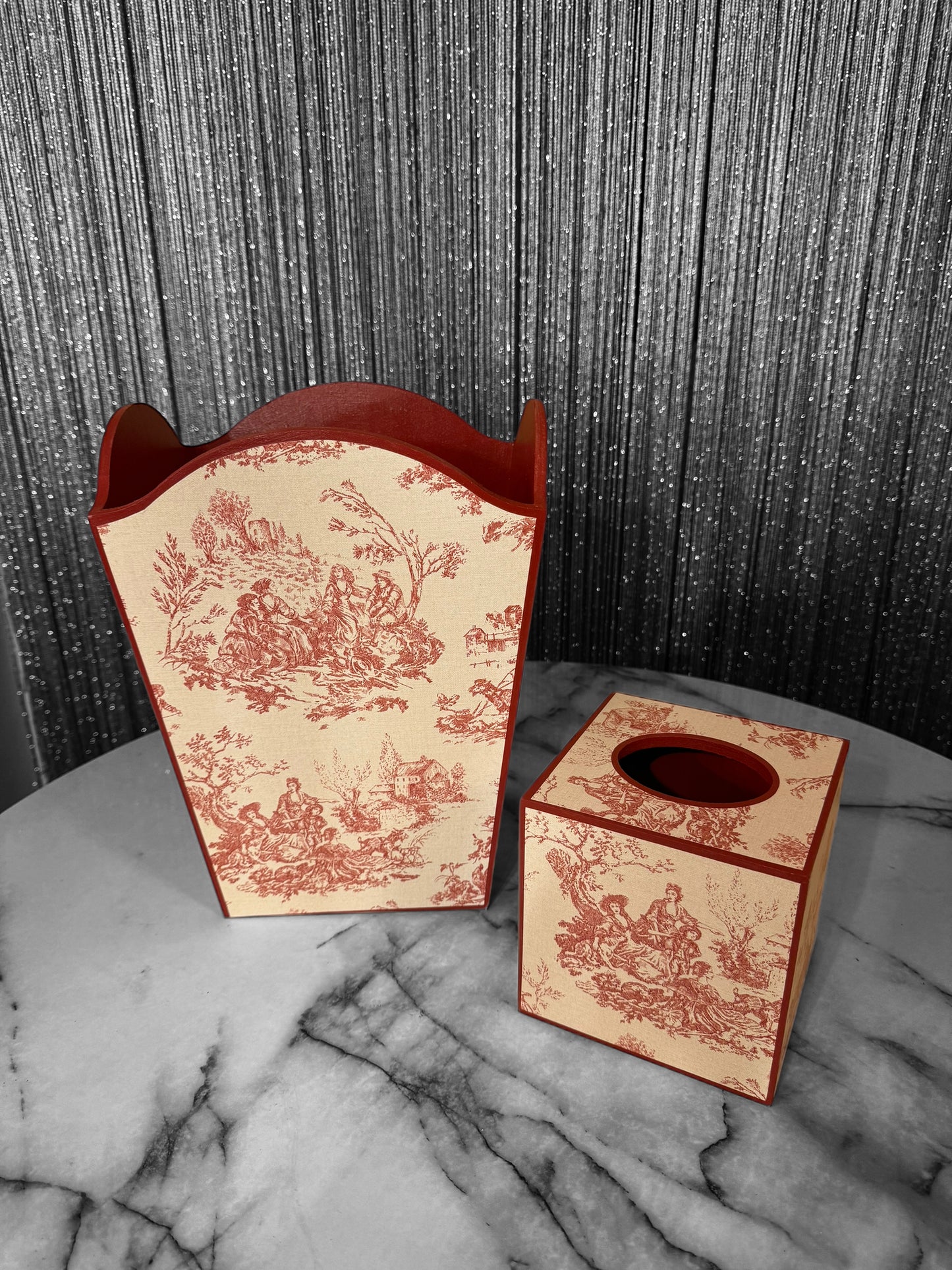 Red Toile de Jouy Waste paper bin, waste paper basket, square tissue box cover matching set. Handmade by Beatrice Bloom London