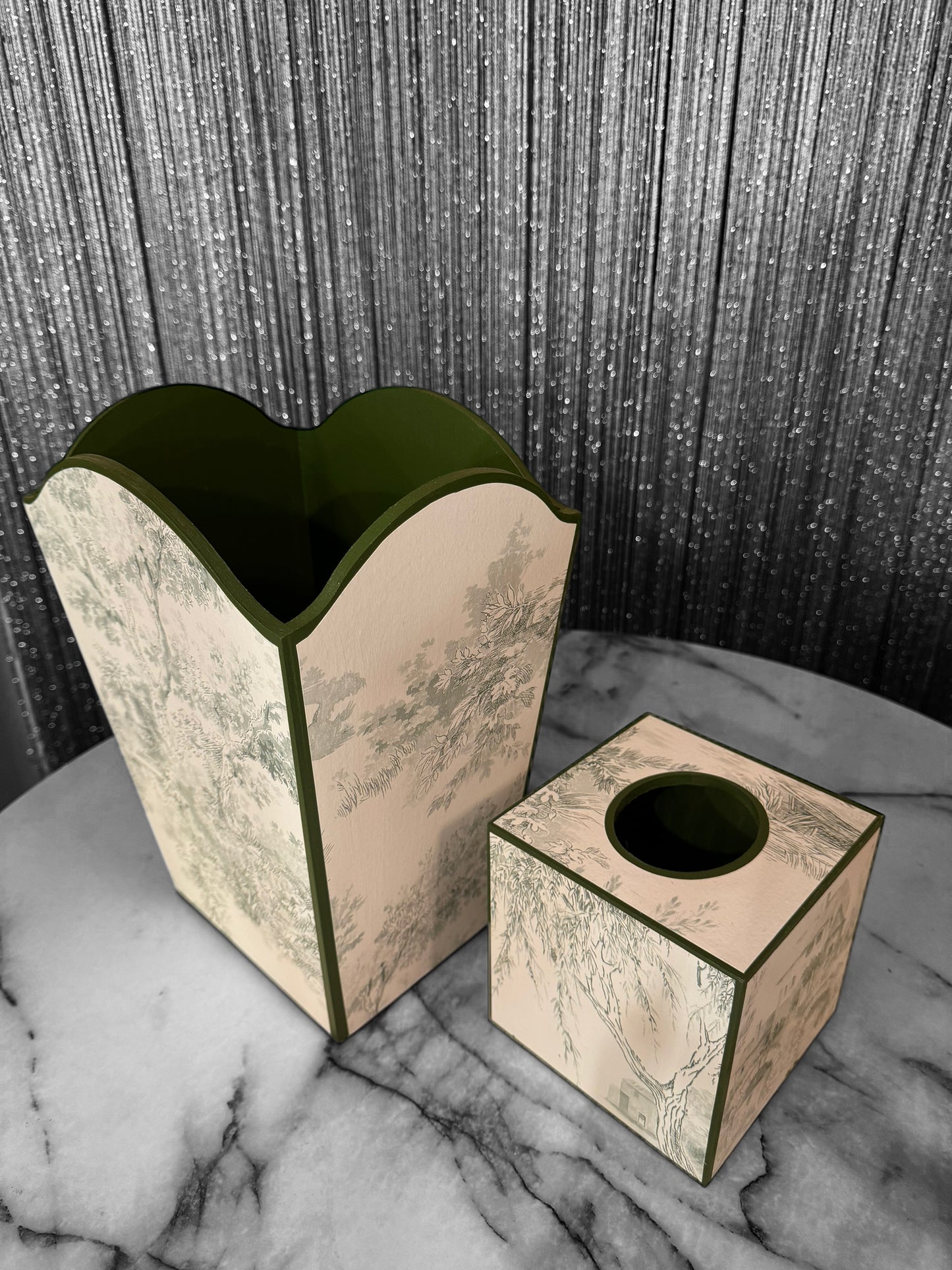 Green Toile de Jouy Waste paper bin, waste paper basket, square tissue box cover matching set. Handmade by Beatrice Bloom London