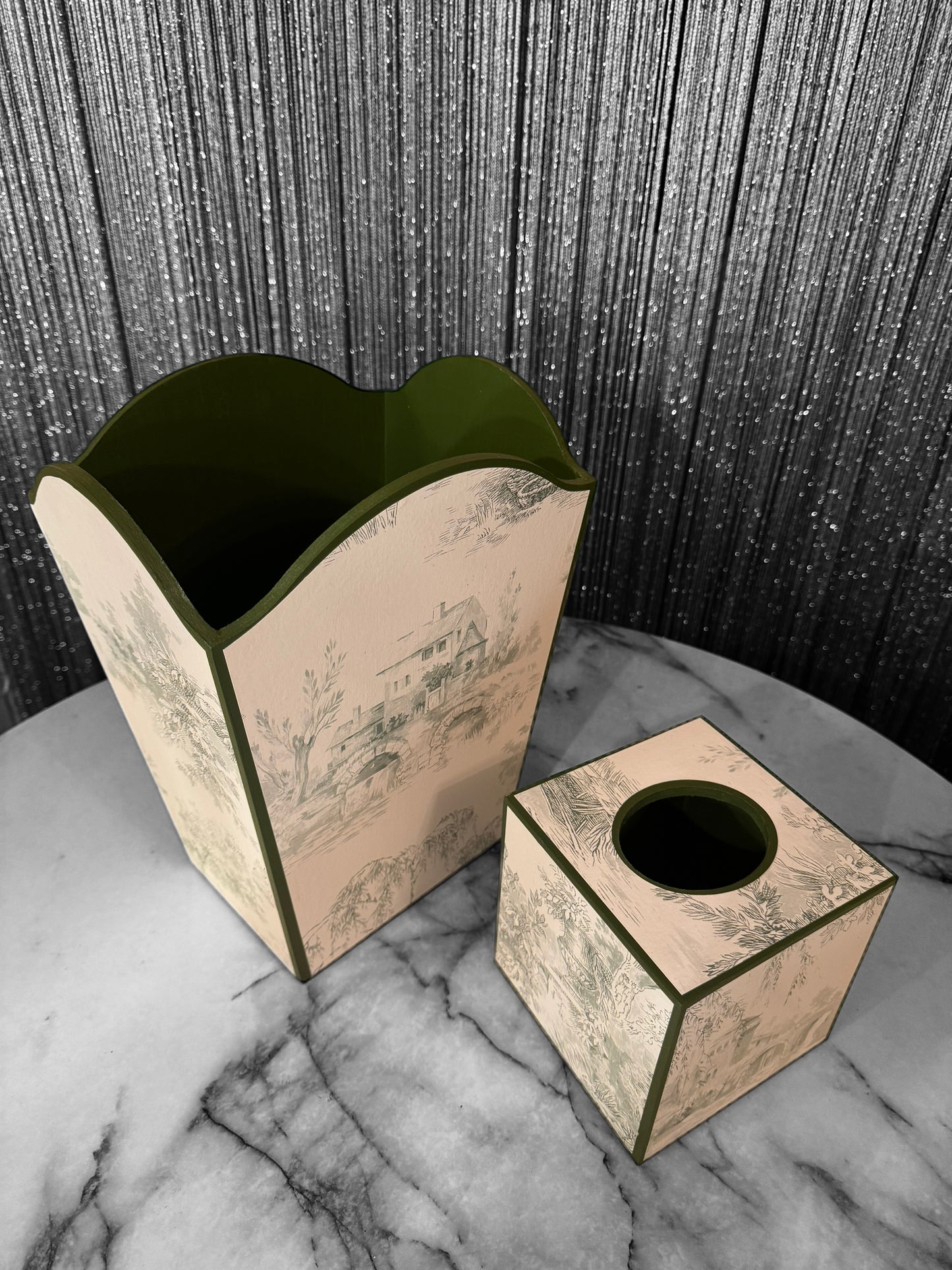 Green Toile de Jouy Waste paper bin, waste paper basket, square tissue box cover matching set. Handmade by Beatrice Bloom London