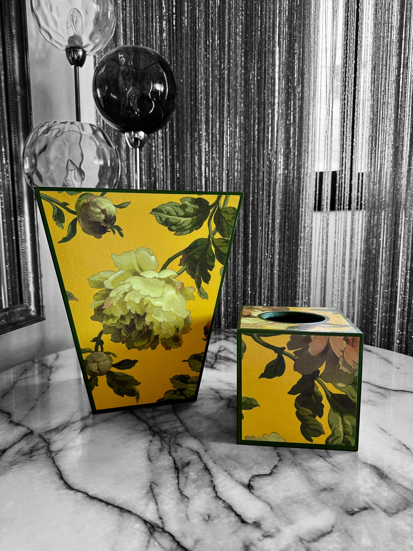 Notting Hill - Matching set - Waste paper bin & square or rectangle tissue box cover - Decoupage in Peoneden by House of Hackney in ochre colourway
