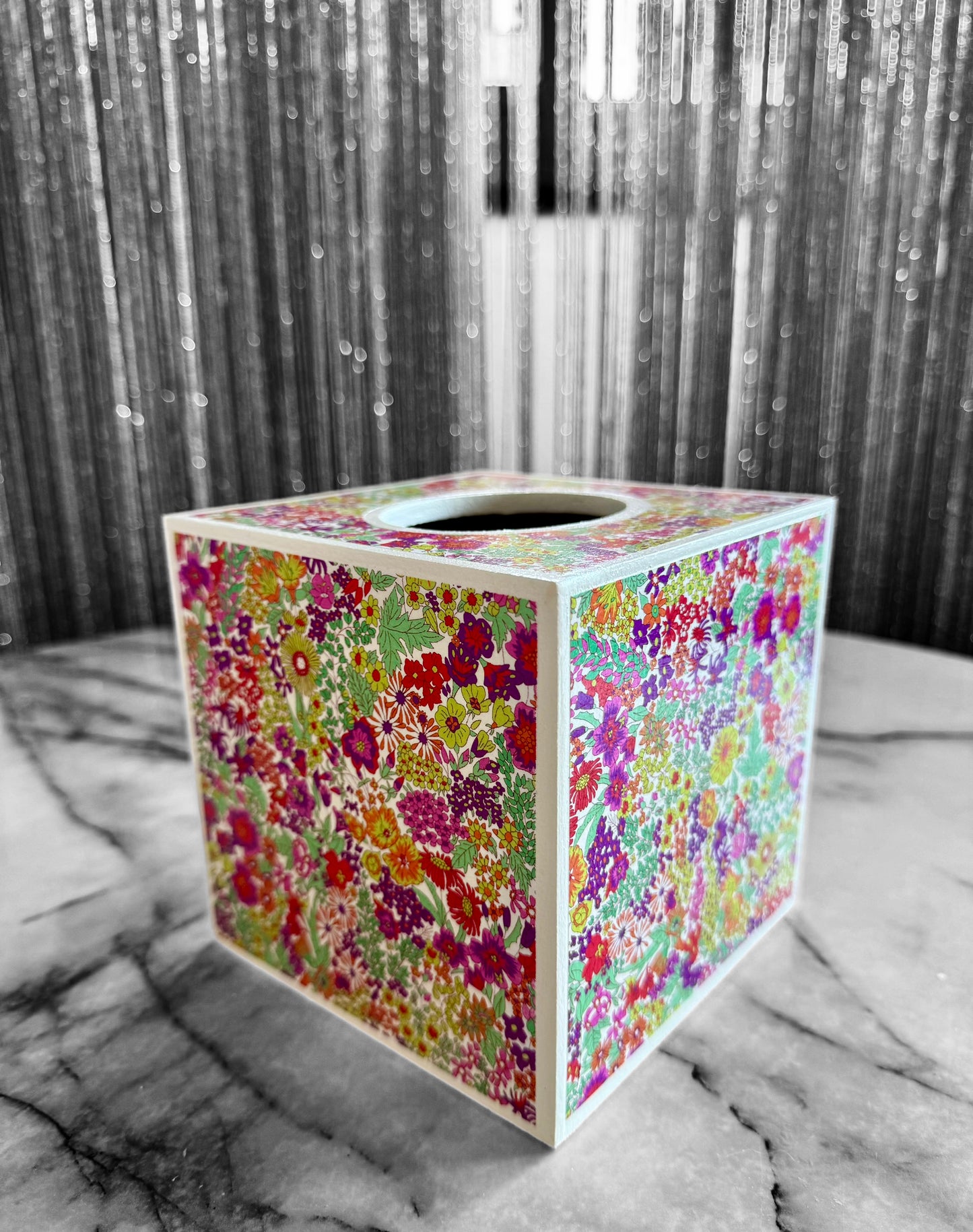 Regents St - Matching set - Waste paper bin & square or rectangle tissue box cover - Decoupage in Tana Lawn by Liberty London in pink colourway.