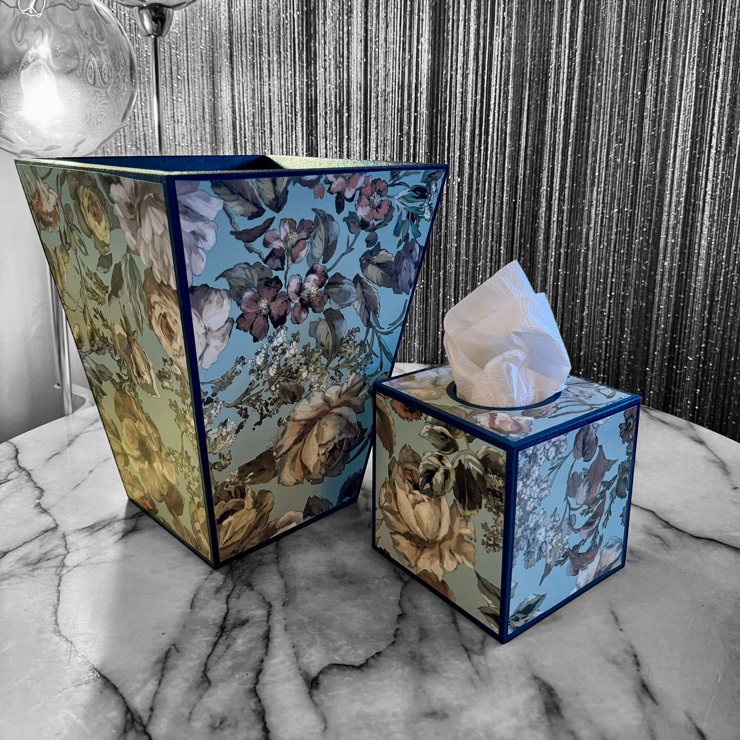 Brighton - Matching set - Waste paper bin & square or rectangle tissue box cover - Decoupage in Designers Guild/Mansur in Eau De Nil colourway