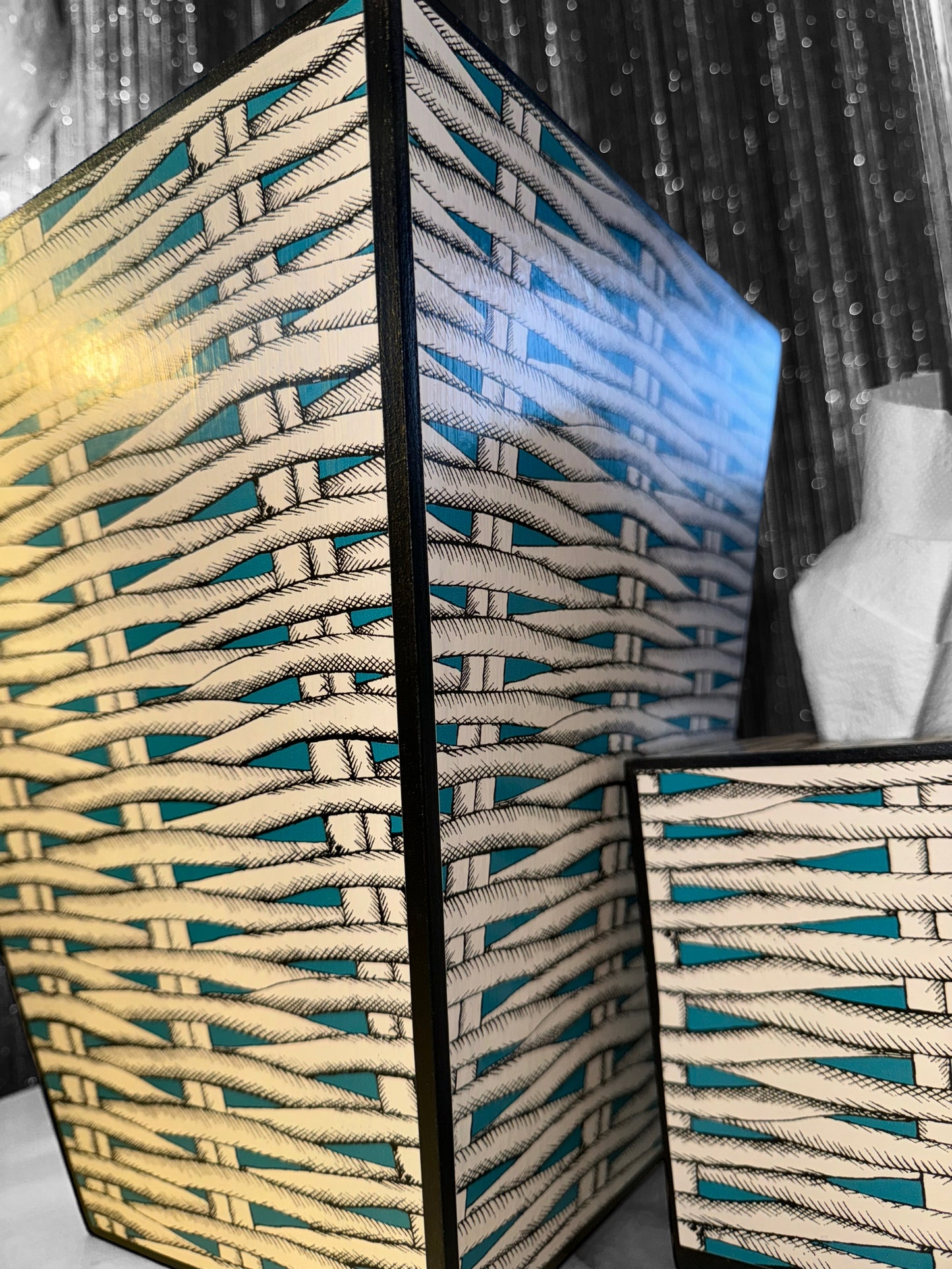 Christian Lacroix X Designers Guild Barbade Aqua waste paper bin & tissue box holder set,handmade by Beatrice Bloom London