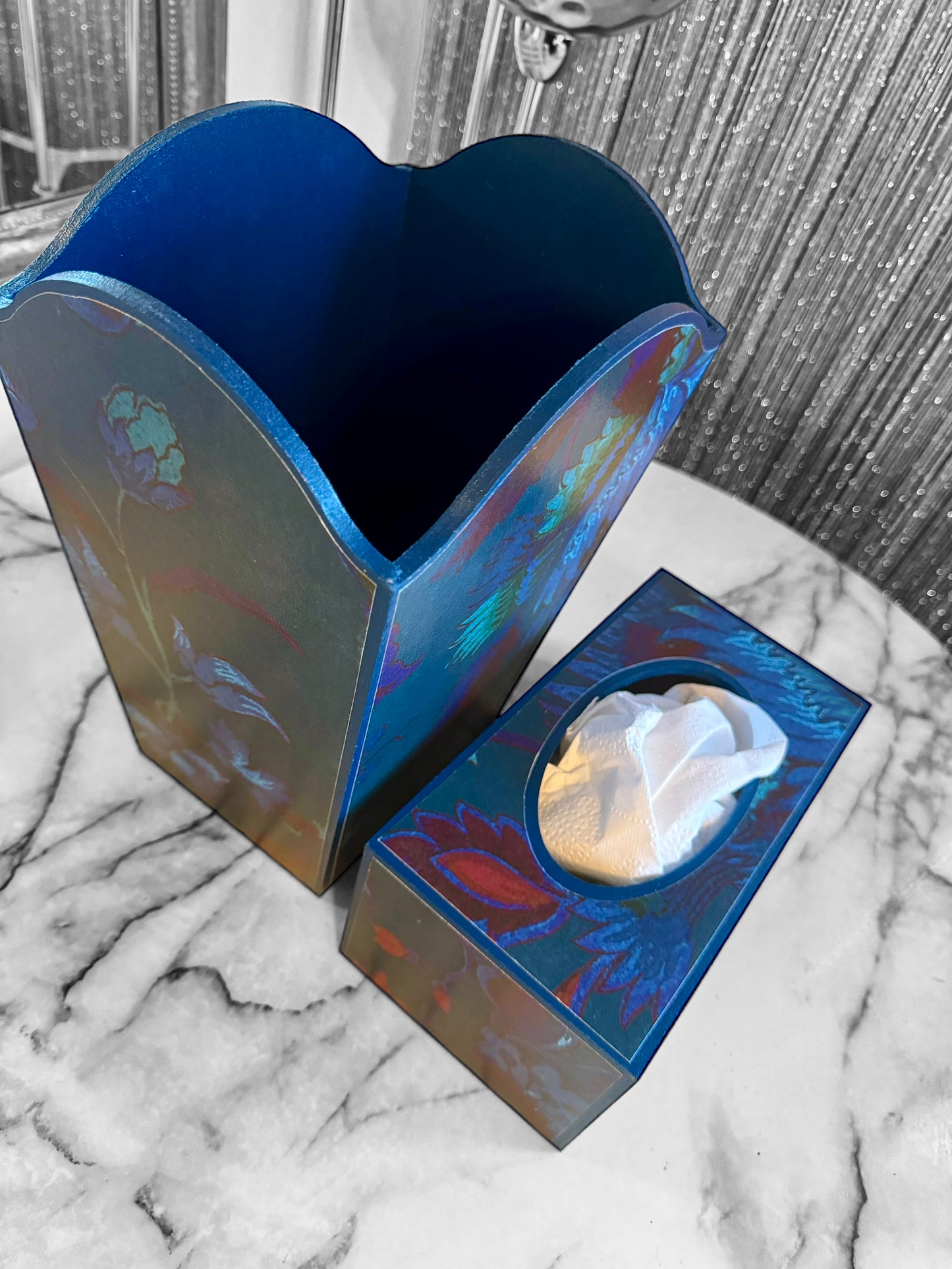 Dover - Matching set option for square or rectangle tissue box cover - Decoupage in Majorelle by House of Hackney in petrol colourway