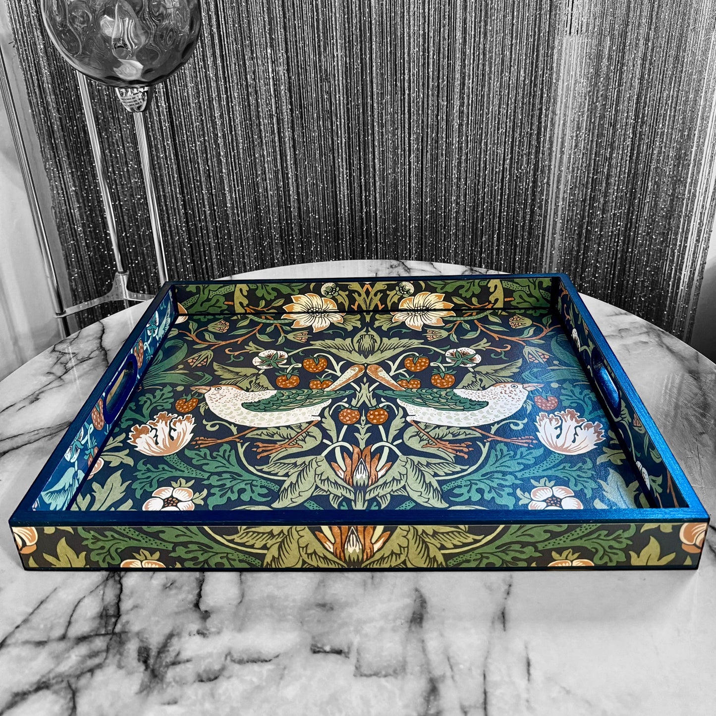 Weybridge - Ottoman tray available in 4 x sizes - Decoupage in William Morris Strawberry Thief in navy colourway