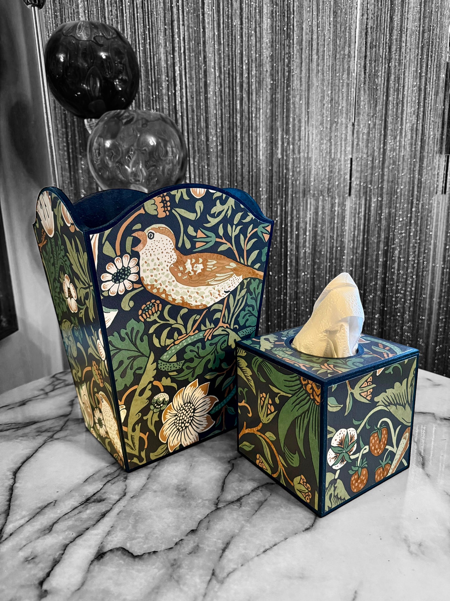 Weybridge - Matching set - option for square or rectangle tissue box cover Decoupage in William Morris Strawberry Thief in navy and green colourway