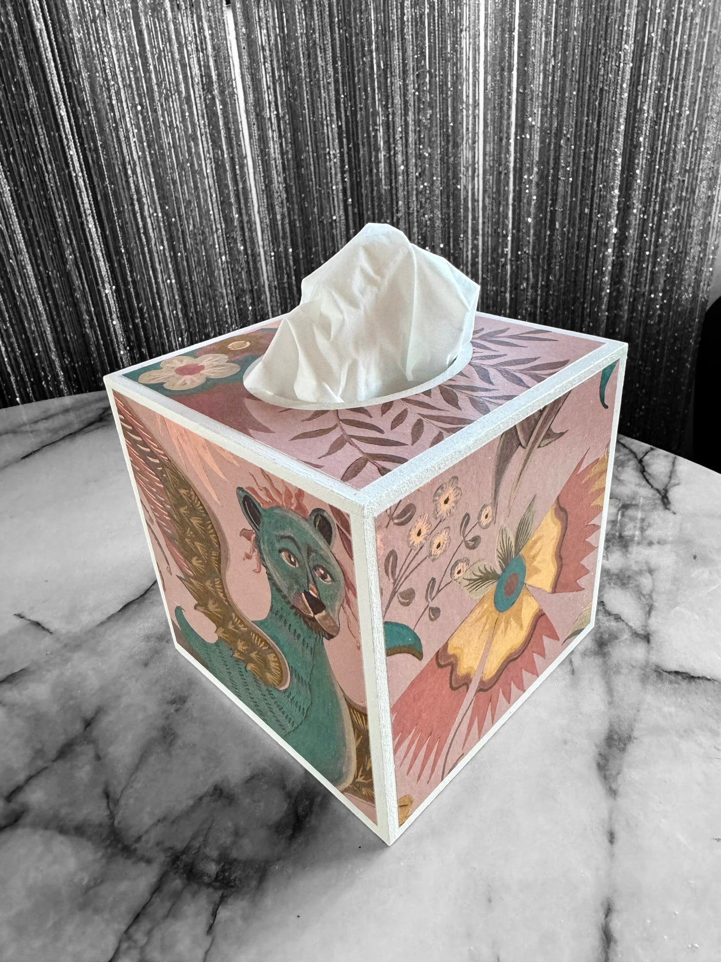 Stoke Newington - Matching set option for square or rectangle tissue box cover - Decoupage in Phantasia by House of Hackney in Tourmaline colourway.