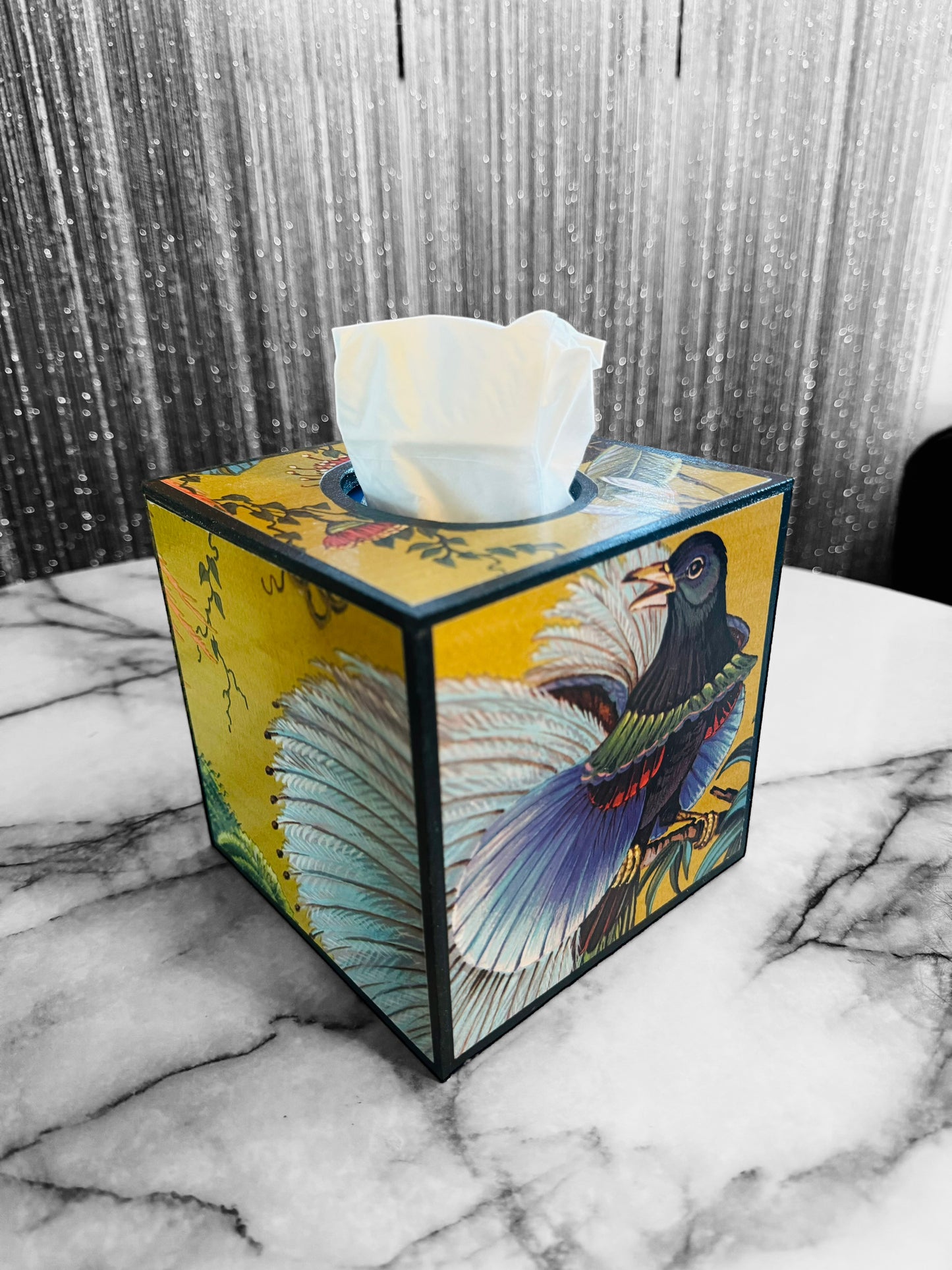 Greenwich - Matching set - Waste paper bin and square or rectangle tissue box cover - Decoupage in Songbird oriental in gold colourway