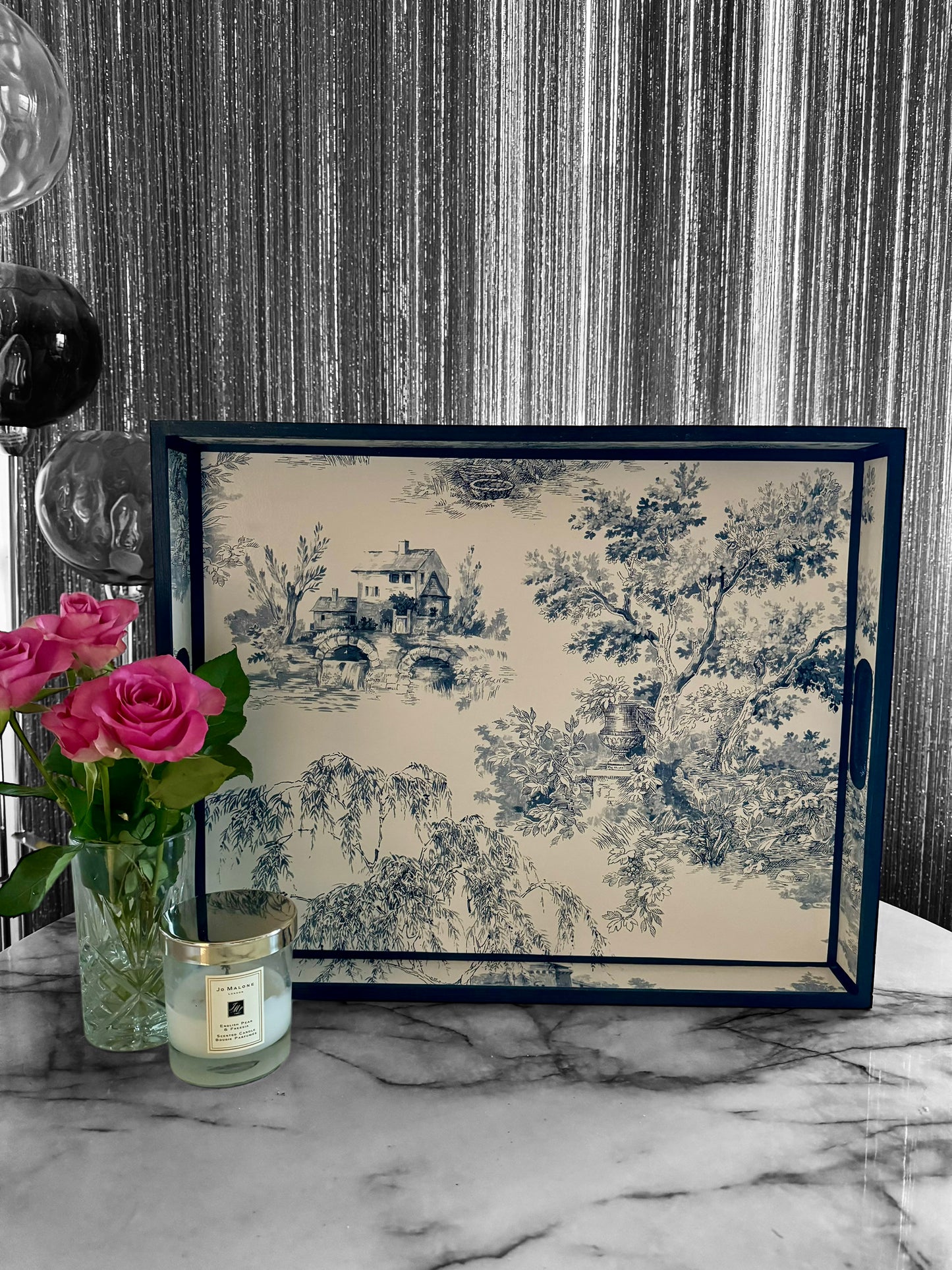 Paris - Ottoman tray available in 4 x sizes - Decoupage in Navy Toile de Jouy in navy colourway