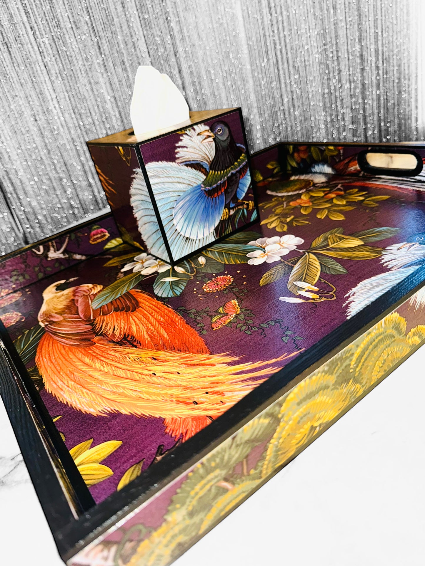 Dulwich - Ottoman tray in 4 x sizes - Decoupage in Songbird oriental in purple colourway
