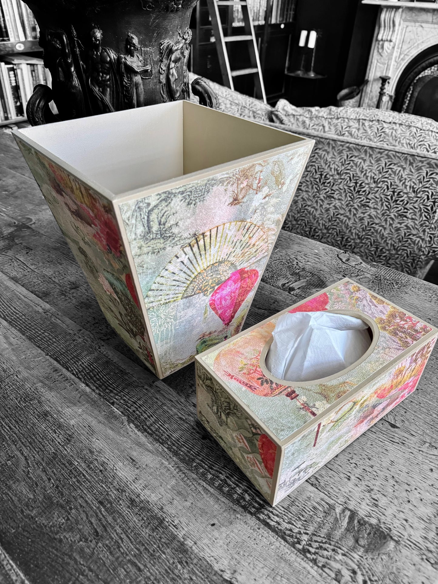 Tokyo - Waste paper bin and matching tissue box cover - Decoupage in intricate Japanese garden inspired textured paper