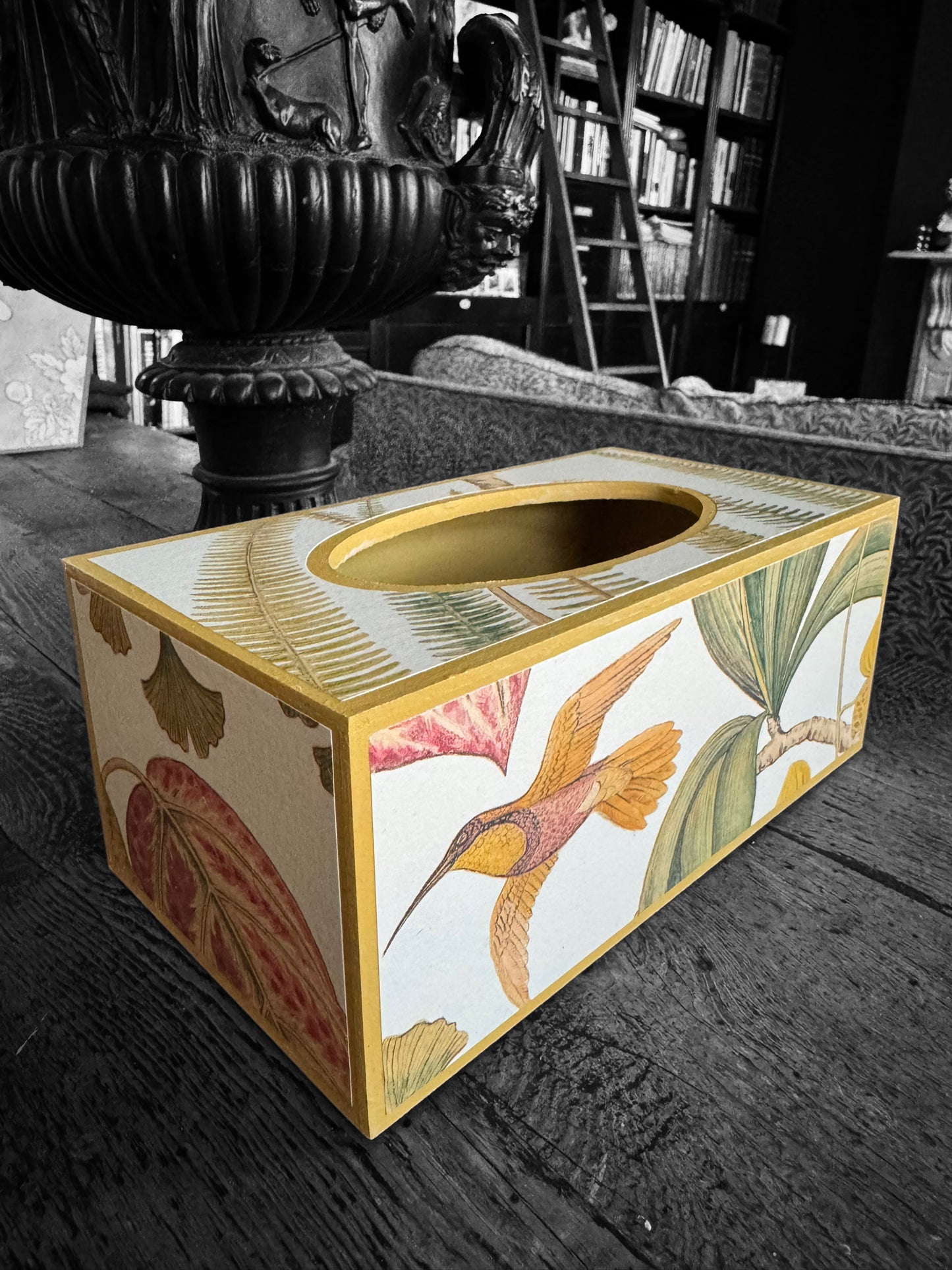 Kew *Spring 25 edition* Waste paper bin & matching tissue box cover - Decoupage in Bird of Paradise by Sanderson in Olive colourway