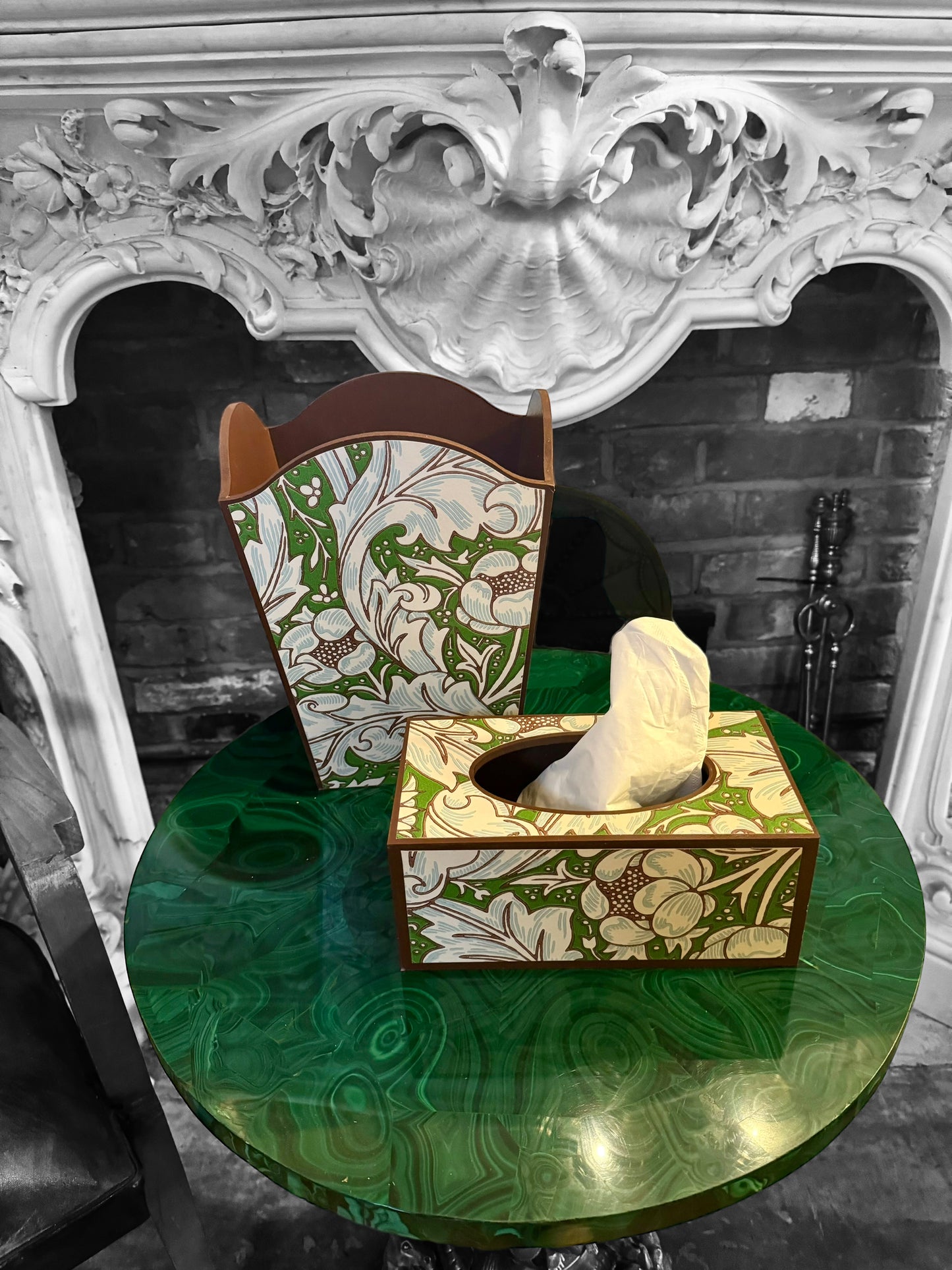 Clerkenwell waste paper bin and long tissue box cover - William Morris Batchelors Button leaf green/Sky. Handmade by Beatrice Bloom London