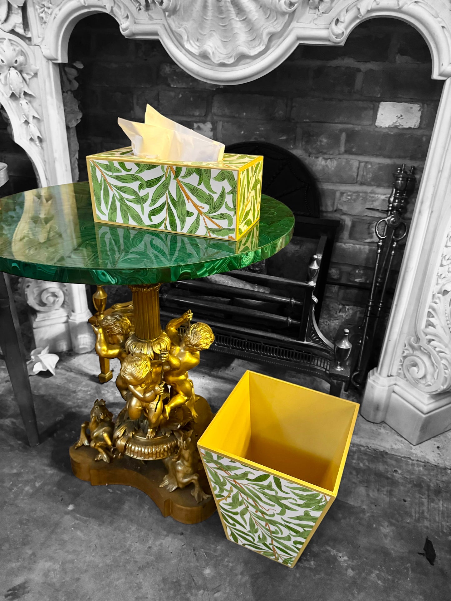 Broadstairs - Matching set - Waste paper bin and square or rectangle tissue box cover - Decoupage in William morris Willow Boughs by Morris & co in spring colourway
