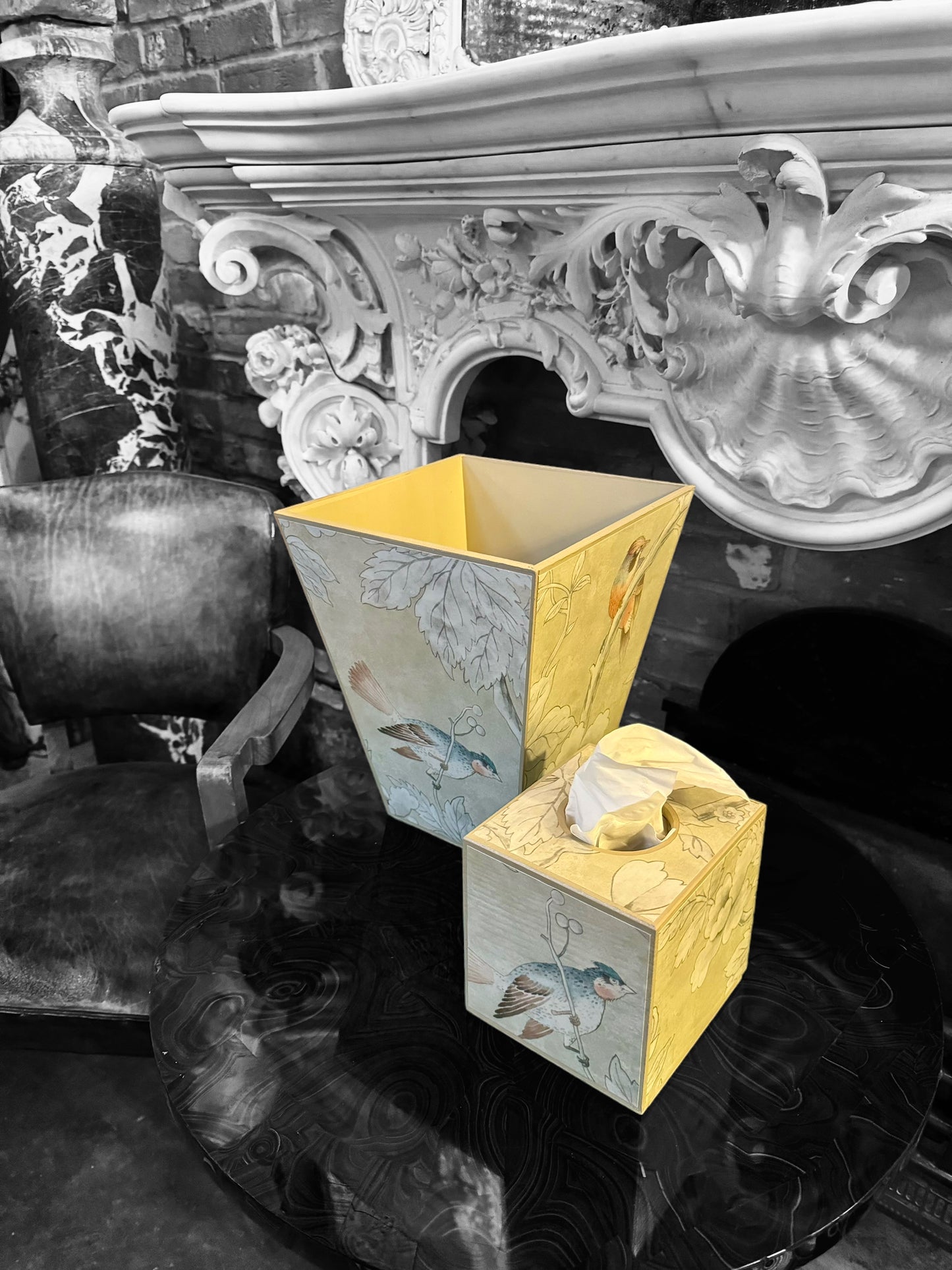 Chiswick - Matching set - Waste paper bin and square or rectangle tissue box cover - Decoupage in Chiswick Grove by sanderson in gold colourway