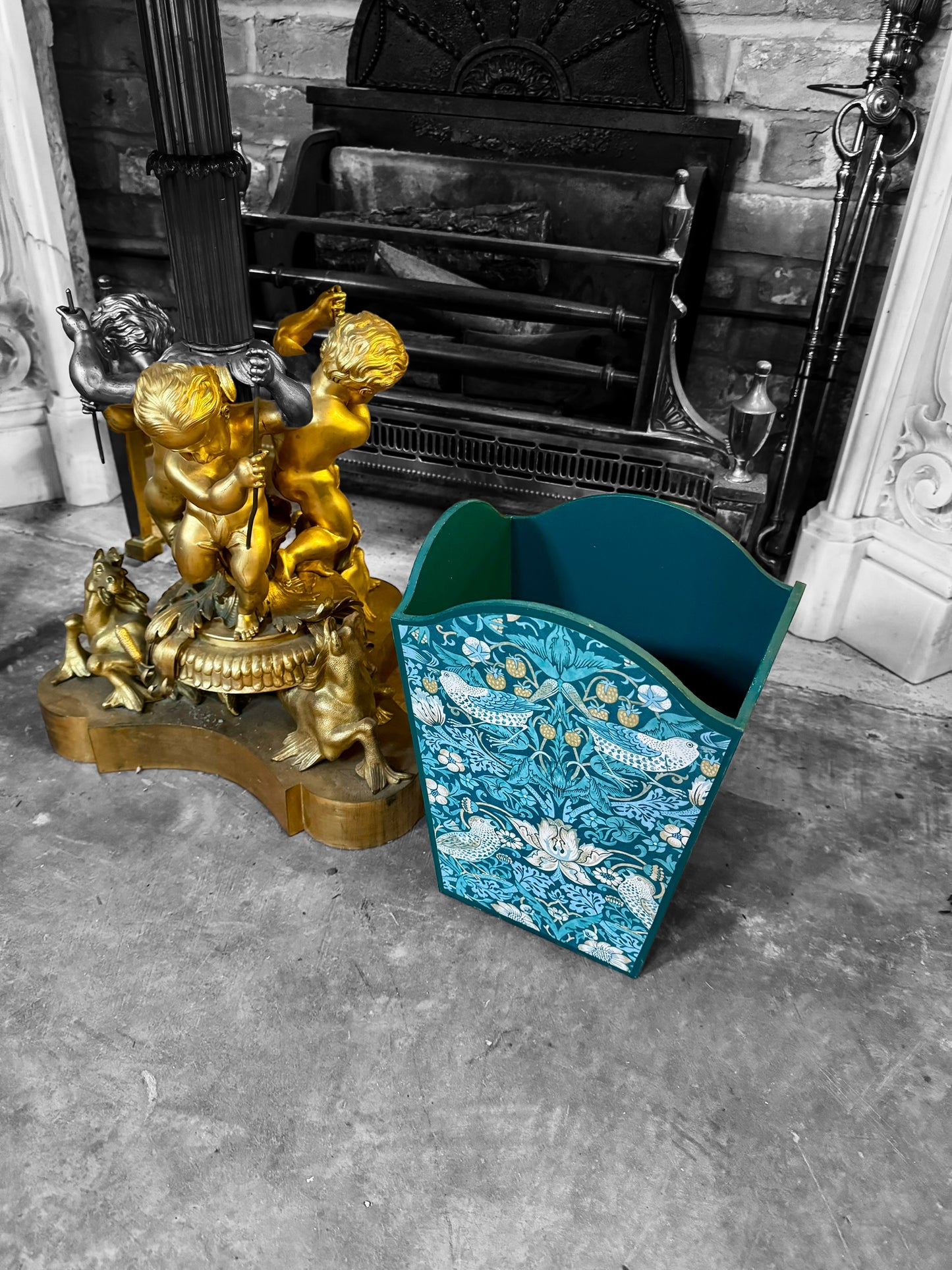 Kelmscott - Matching set - Waste paper bin and square or tissue box cover - Decoupage in William Morris Strawberry Thief by Clarke & Clarke in Teal colourway