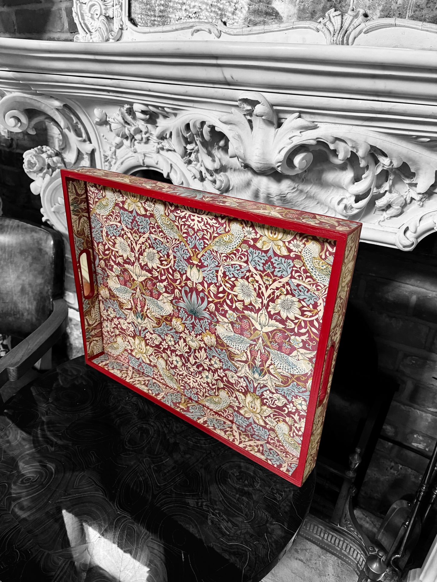 Kelmscott 'The red edit' - Ottoman tray available in 4 x sizes - Decoupage in William Morris Strawberry Thief by Clarke & Clarke in plum colourway