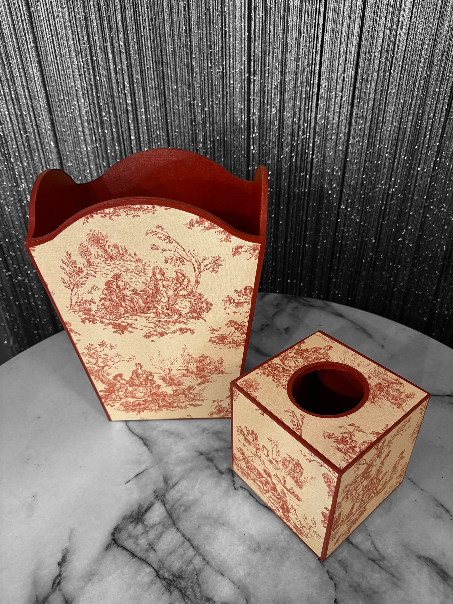 Red Toile de Jouy Waste paper bin, waste paper basket, square tissue box cover matching set. Handmade by Beatrice Bloom London