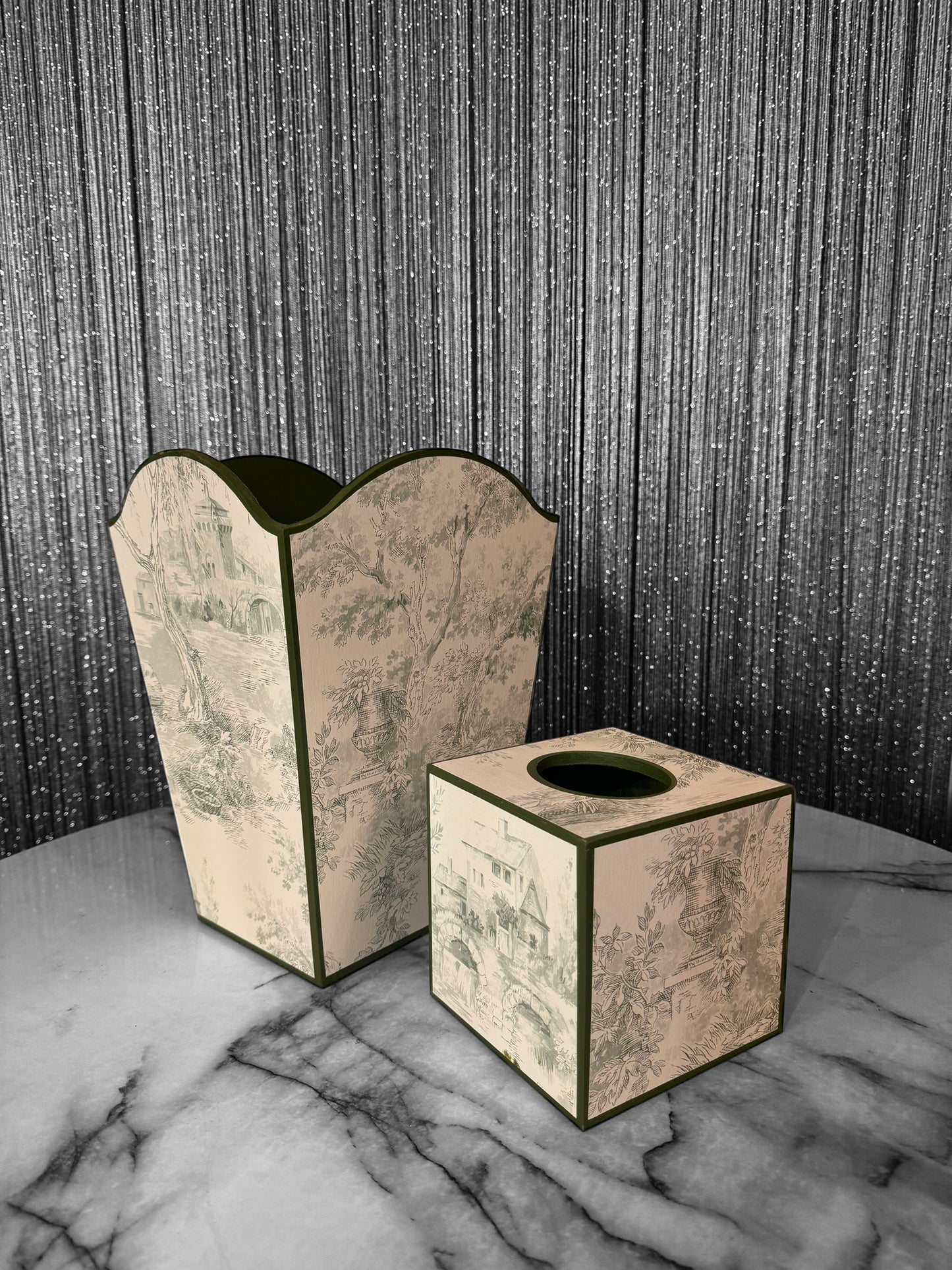 Green Toile de Jouy Waste paper bin, waste paper basket, square tissue box cover matching set. Handmade by Beatrice Bloom London
