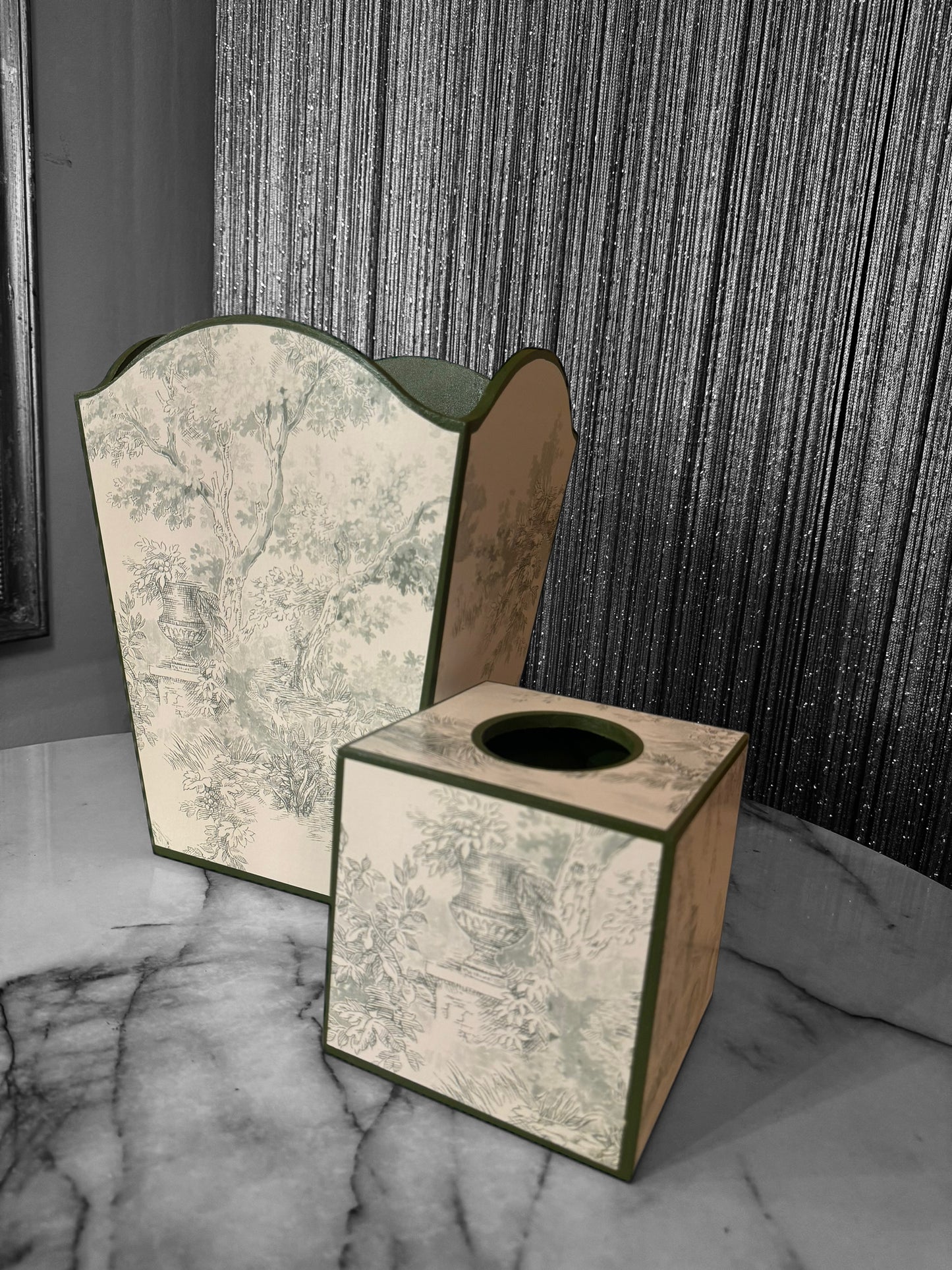 Green Toile de Jouy Waste paper bin, waste paper basket, square tissue box cover matching set. Handmade by Beatrice Bloom London