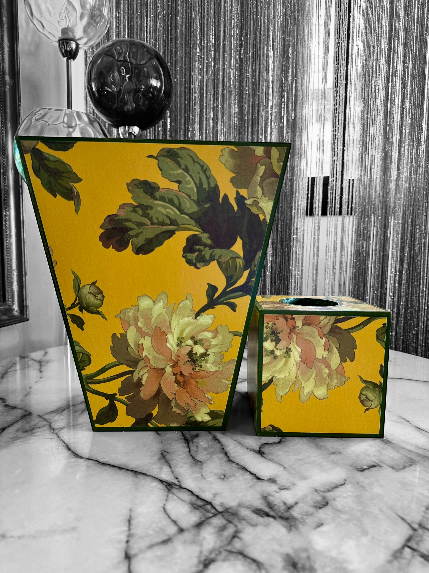 Notting Hill - Matching set - Waste paper bin & square or rectangle tissue box cover - Decoupage in Peoneden by House of Hackney in ochre colourway