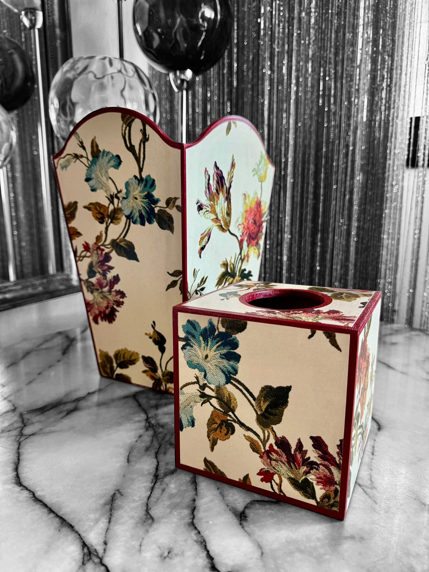 Eaton - Matching set - Waste paper bin and square or rectangle tissue box cover - Decoupage in Rosetta by House of Hackney Waste in ecru colourway
