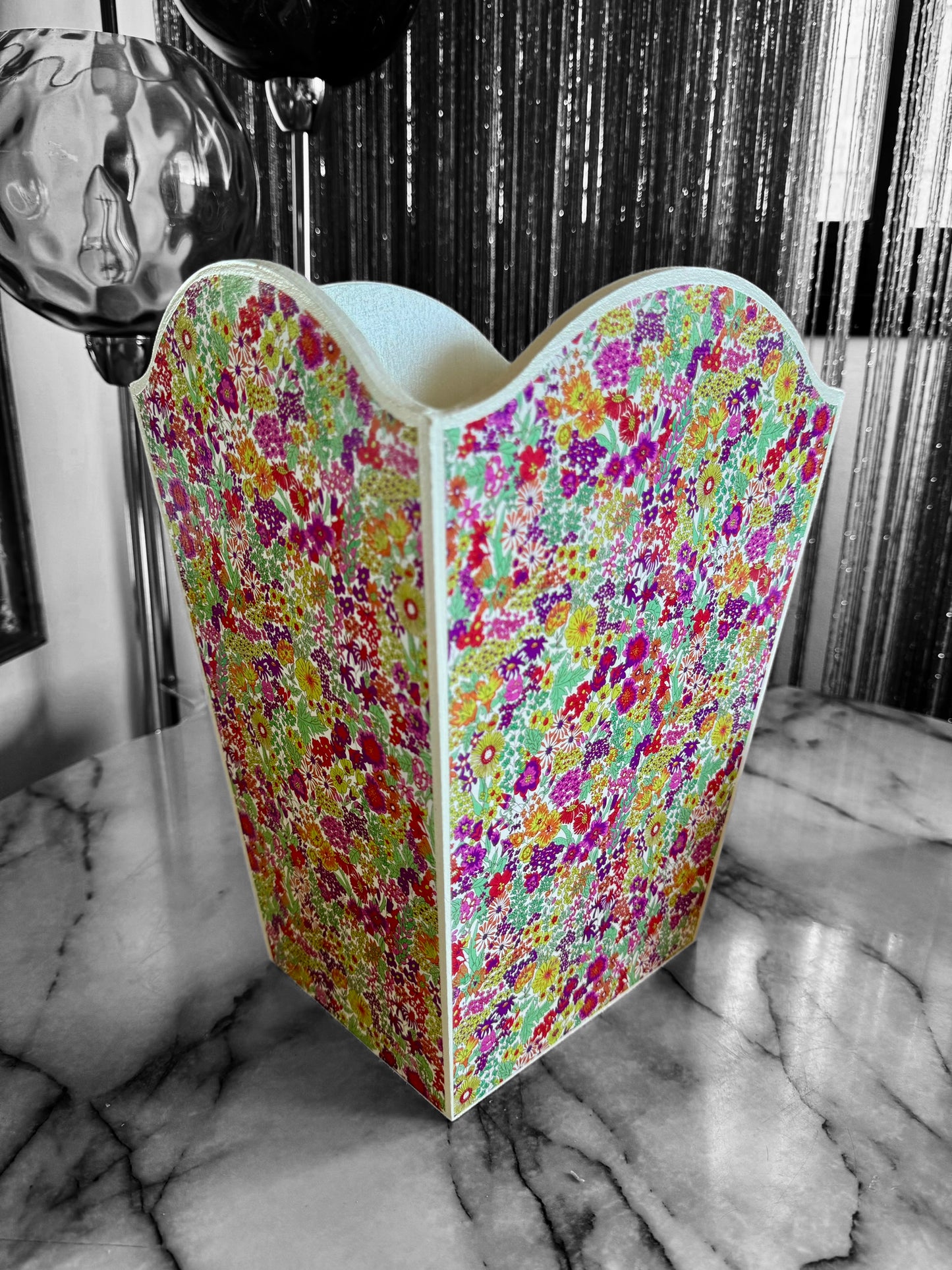 Regents St - Matching set - Waste paper bin & square or rectangle tissue box cover - Decoupage in Tana Lawn by Liberty London in pink colourway.
