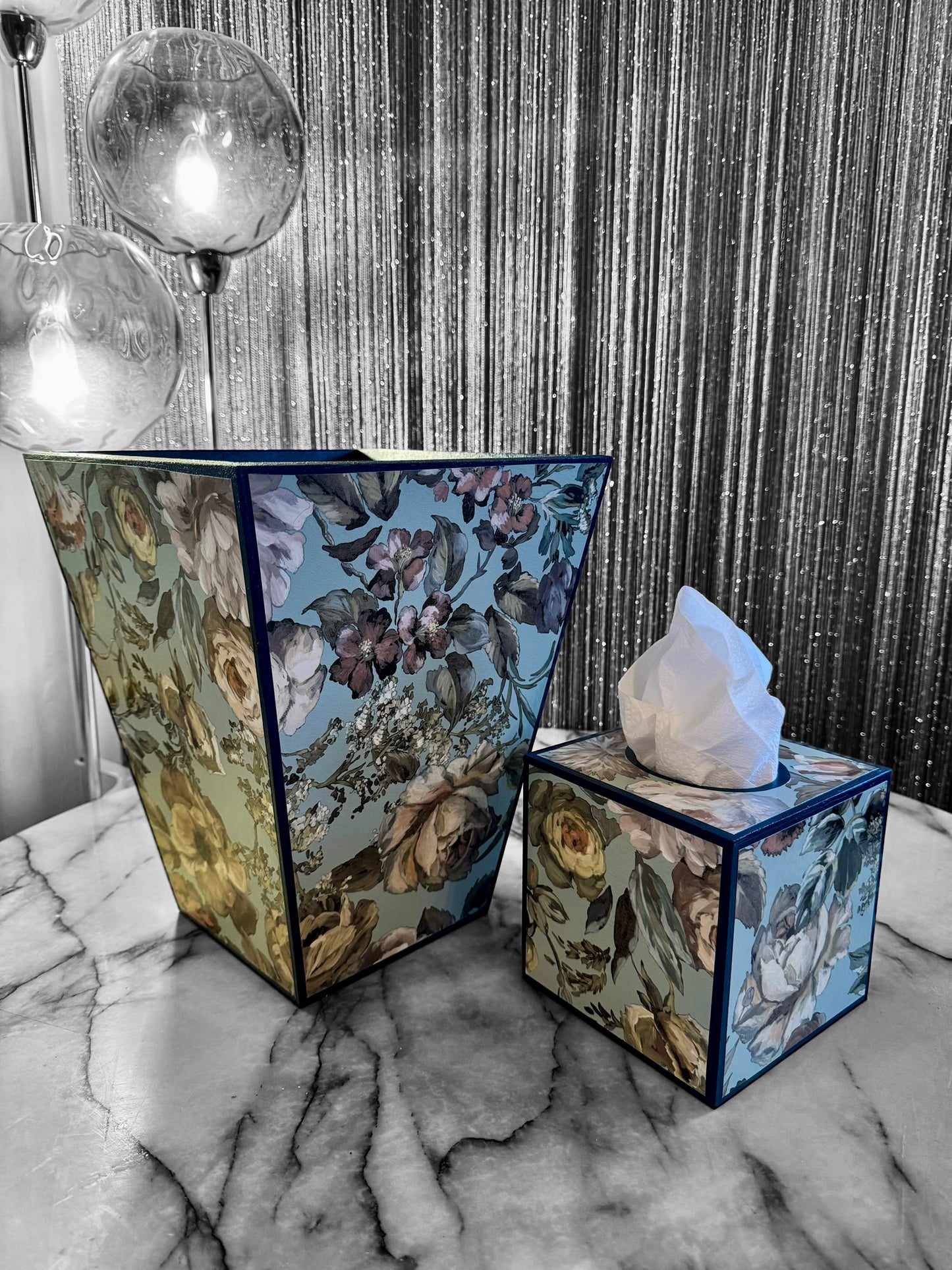Brighton - Matching set - Waste paper bin & square or rectangle tissue box cover - Decoupage in Designers Guild/Mansur in Eau De Nil colourway