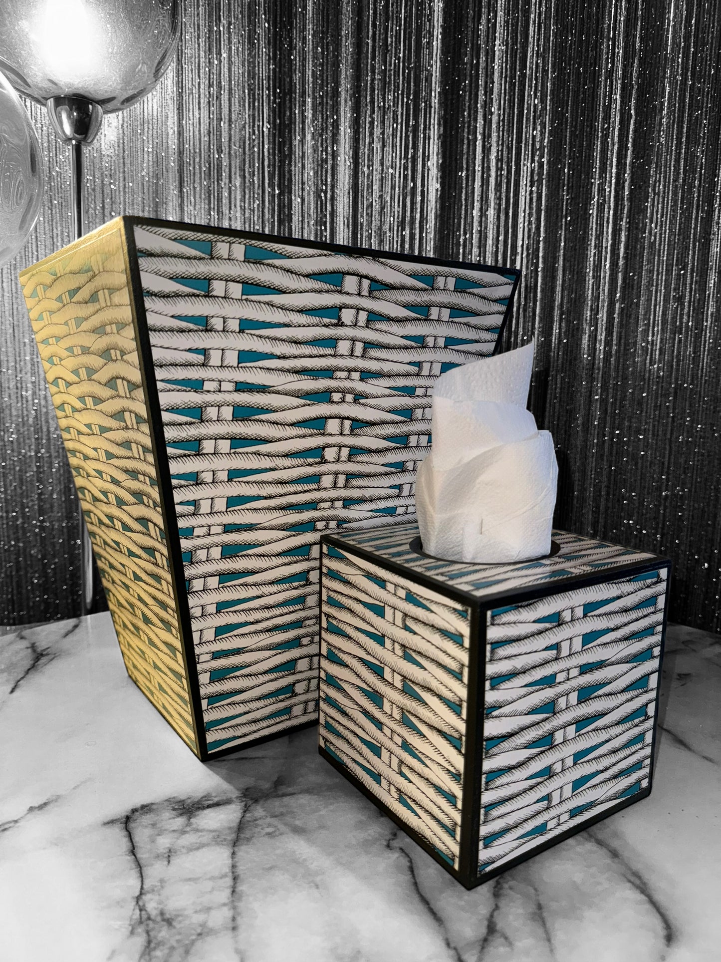Christian Lacroix X Designers Guild Barbade Aqua waste paper bin & tissue box holder set,handmade by Beatrice Bloom London