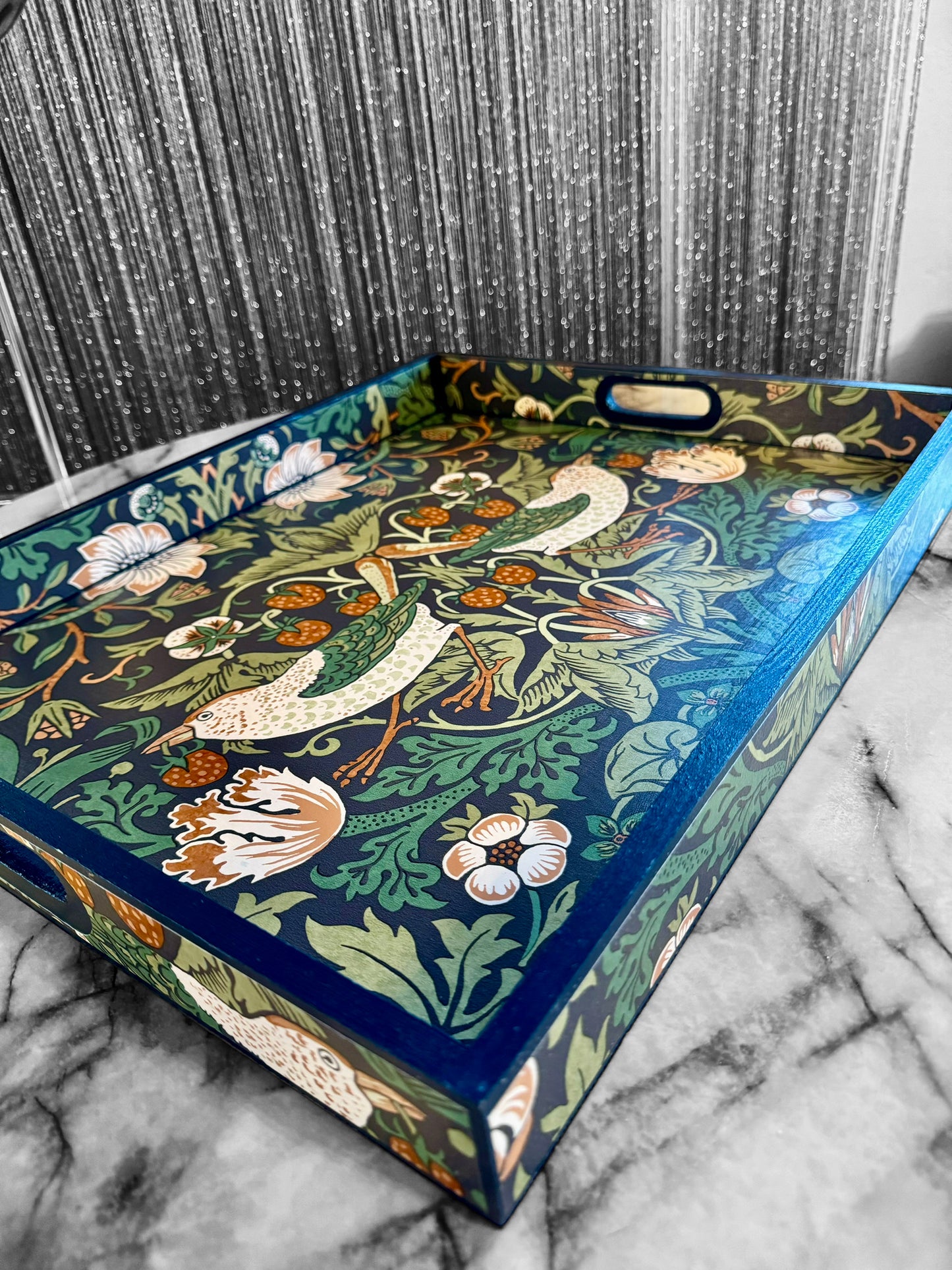 Weybridge - Ottoman tray available in 4 x sizes - Decoupage in William Morris Strawberry Thief in navy colourway