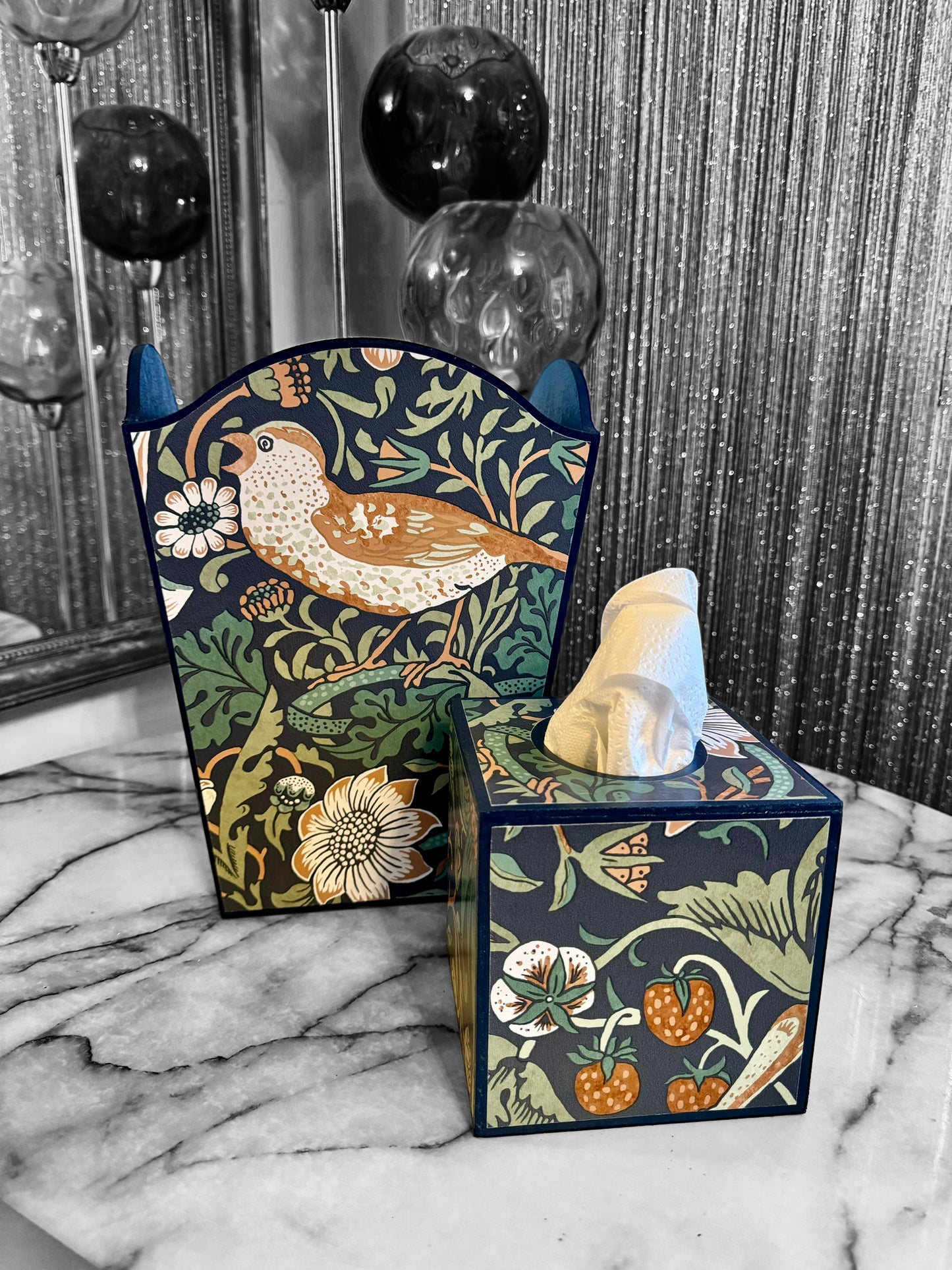 Weybridge - Matching set - option for square or rectangle tissue box cover Decoupage in William Morris Strawberry Thief in navy and green colourway