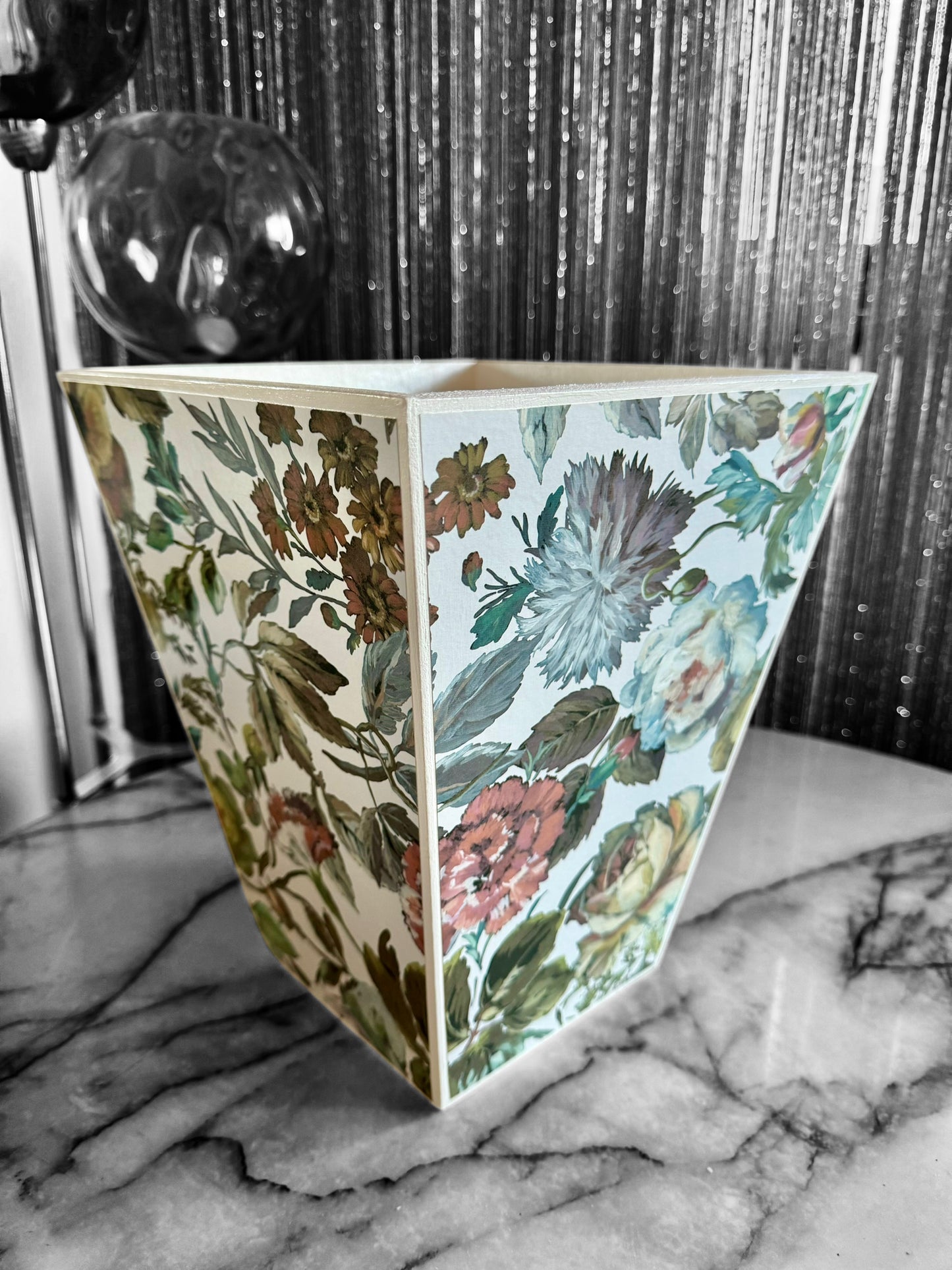 Hove - Matching set - Waste paper bin and square or rectangle tissue box cover - Decoupage in Designers Guild Mansur zinc colour way