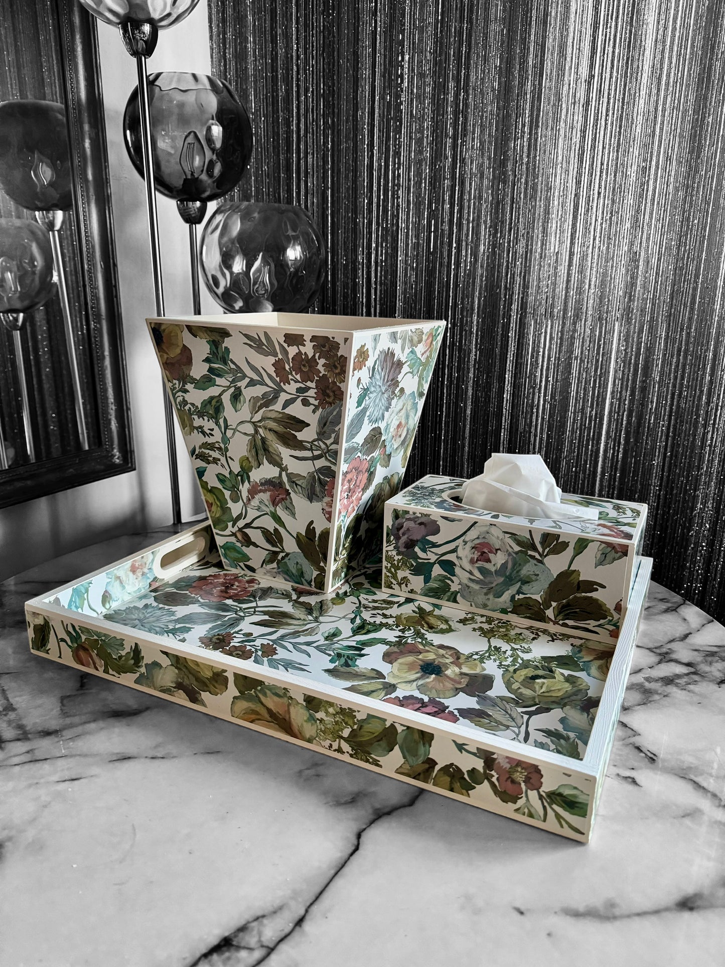 Designers Guild Mansur white floral tray,xl tray,ottoman tray,footstool tray,decoupage tray.Handmade in 5 X SIZES mothers day gift