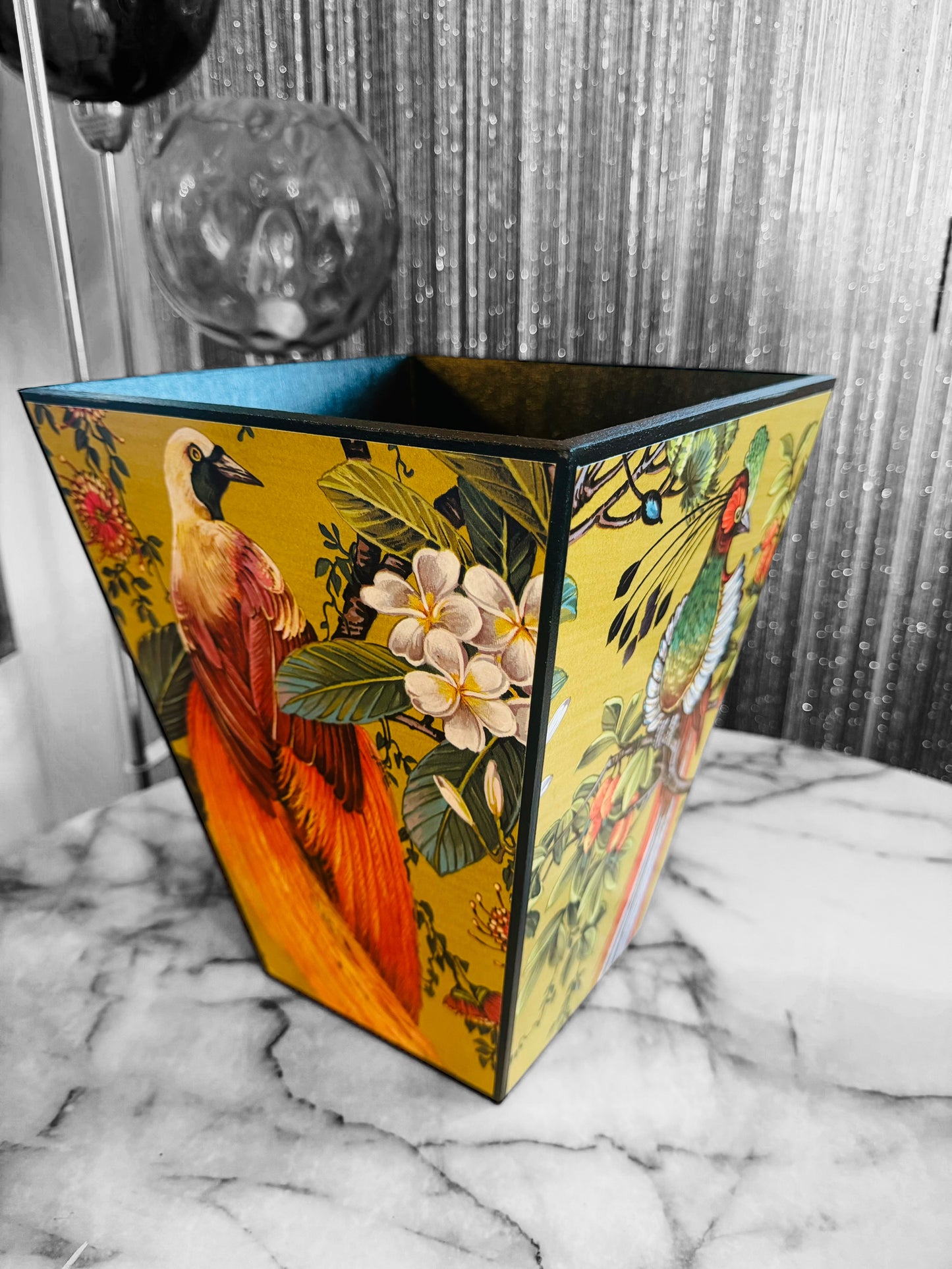 Greenwich - Matching set - Waste paper bin and square or rectangle tissue box cover - Decoupage in Songbird oriental in gold colourway