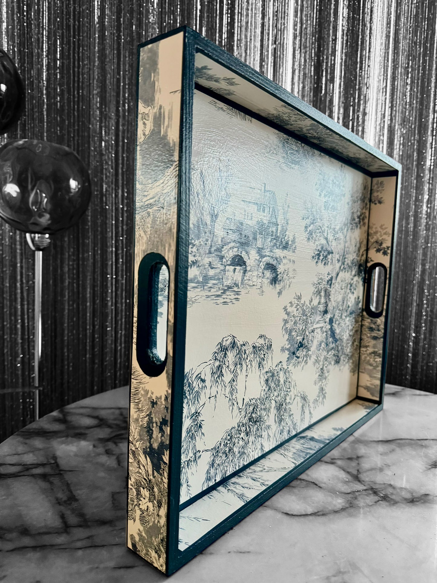 Paris - Ottoman tray available in 4 x sizes - Decoupage in Navy Toile de Jouy in navy colourway
