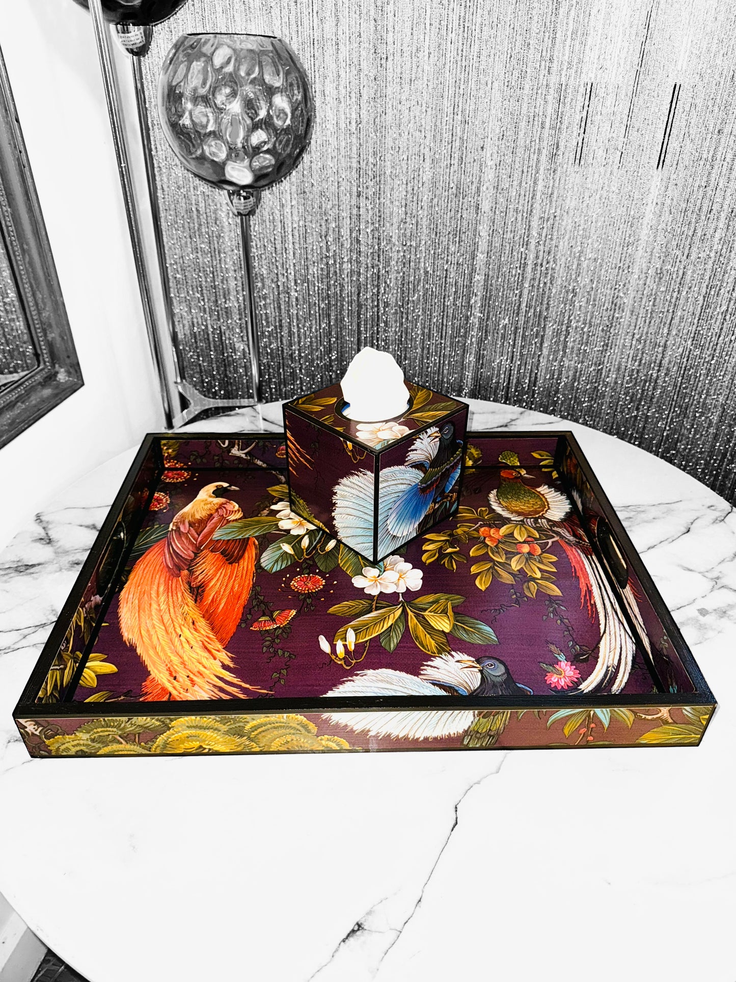 Dulwich - Ottoman tray in 4 x sizes - Decoupage in Songbird oriental in purple colourway
