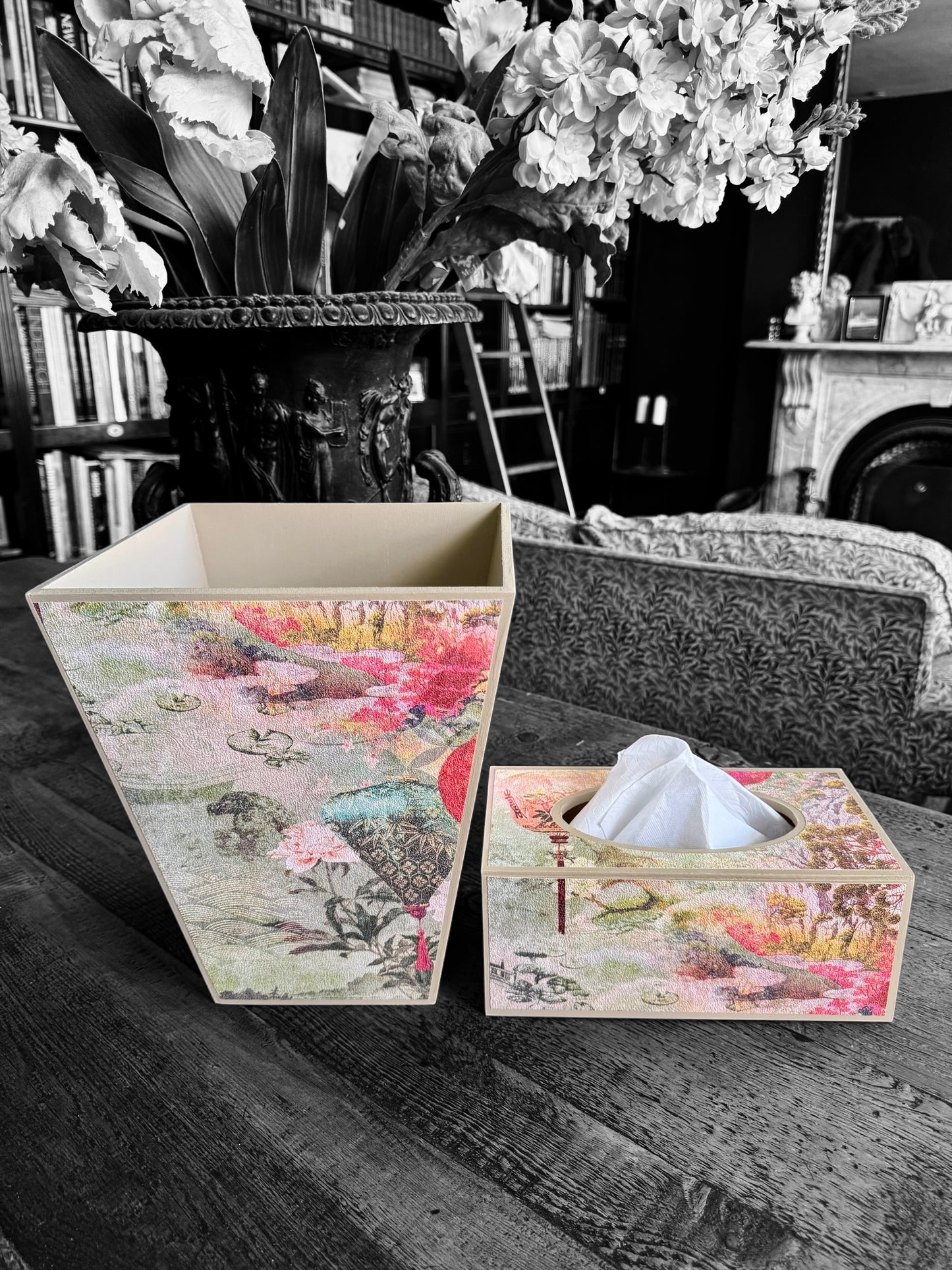 Tokyo - Waste paper bin and matching tissue box cover - Decoupage in intricate Japanese garden inspired textured paper