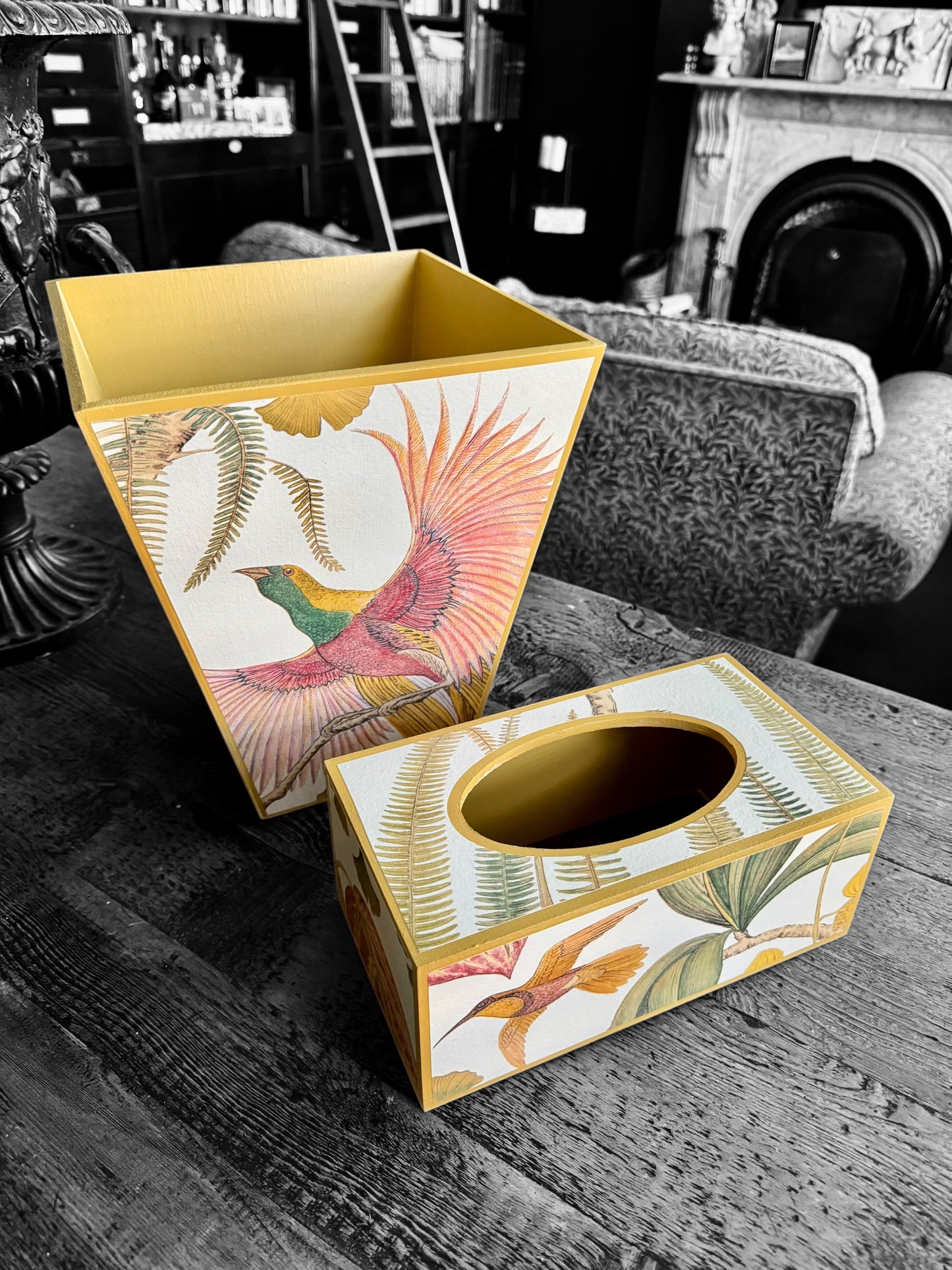 Kew *Spring 25 edition* Waste paper bin & matching tissue box cover - Decoupage in Bird of Paradise by Sanderson in Olive colourway