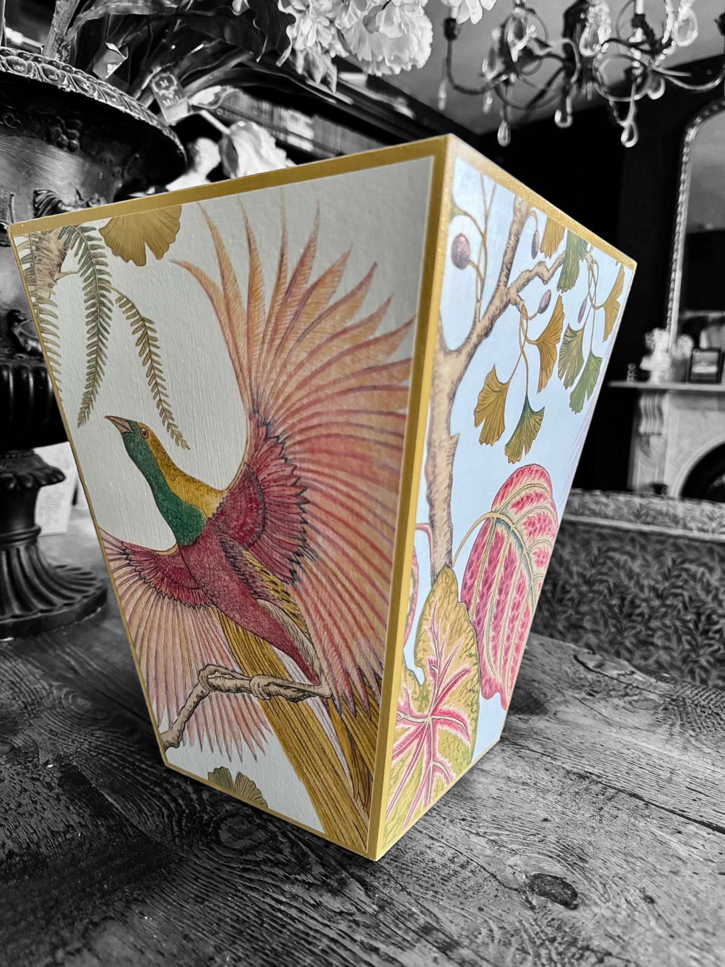 Kew *Spring 25 edition* Waste paper bin & matching tissue box cover - Decoupage in Bird of Paradise by Sanderson in Olive colourway