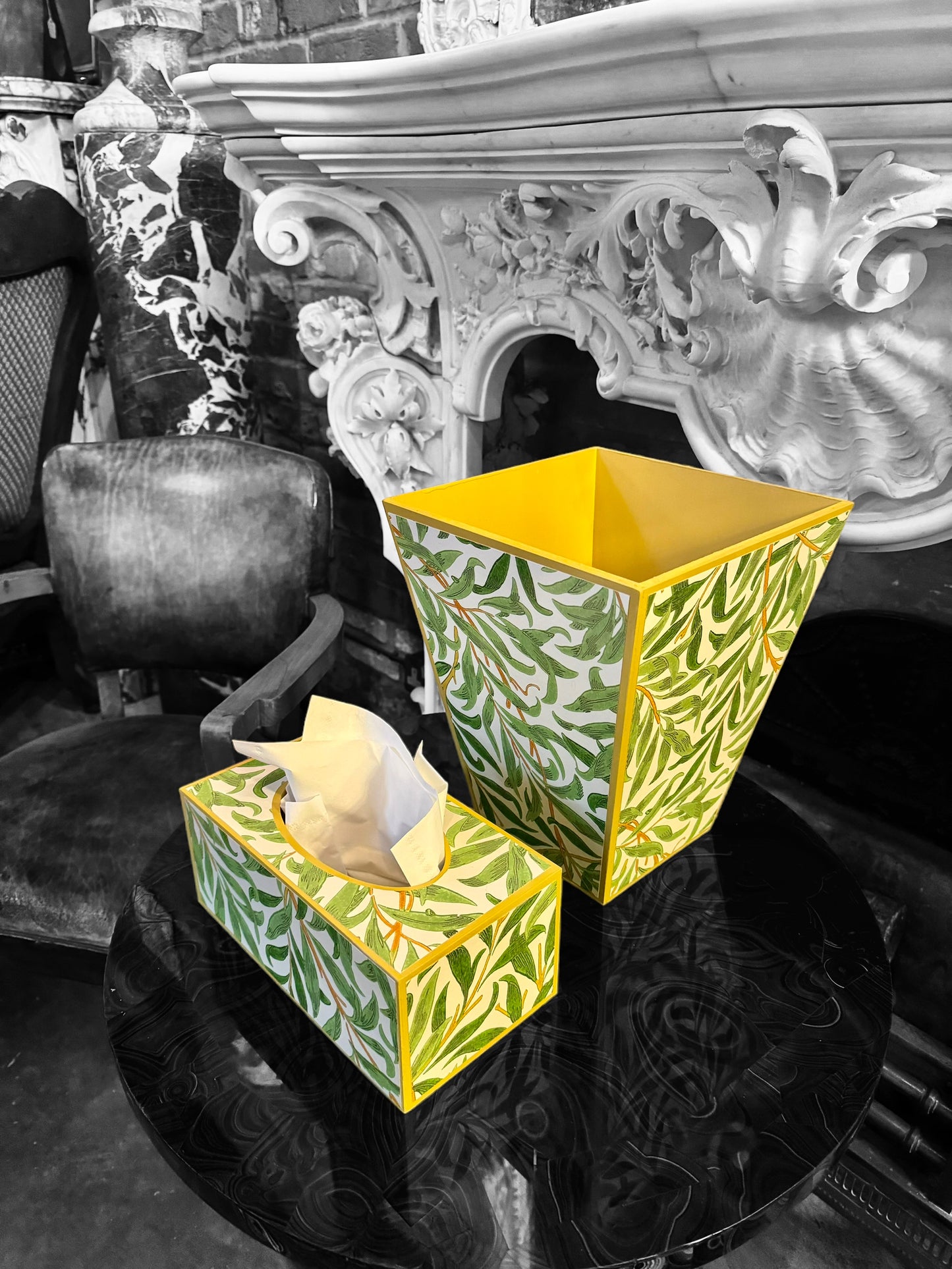 Broadstairs - Matching set - Waste paper bin and square or rectangle tissue box cover - Decoupage in William morris Willow Boughs by Morris & co in spring colourway