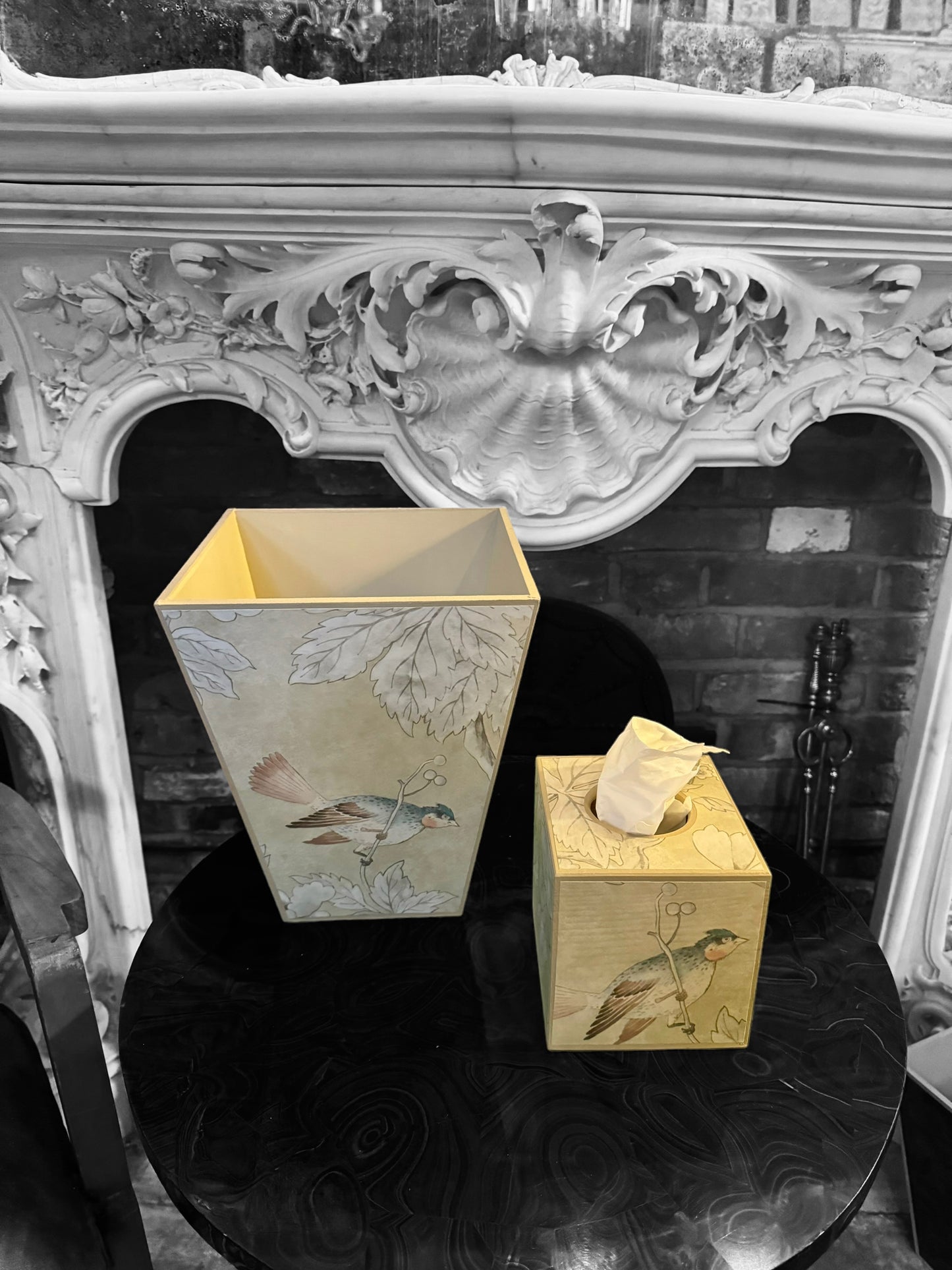 Chiswick - Matching set - Waste paper bin and square or rectangle tissue box cover - Decoupage in Chiswick Grove by sanderson in gold colourway