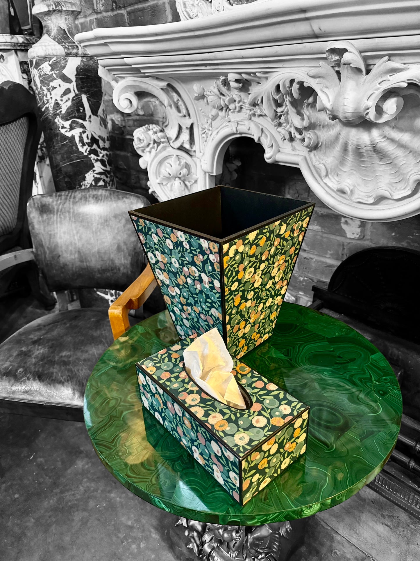 CARNABY - Waste paper bin - Decoupage in Liberty London/Wiltshire in Lechen colourway.