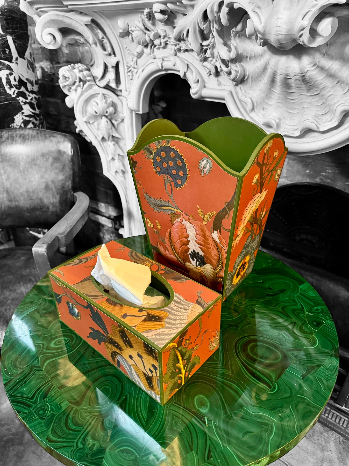 Shoreditch - Matching set - Waste paper bin & square or rectangle tissue box cover - Decoupage in Artemis by House of Hackney in Sienna colourway