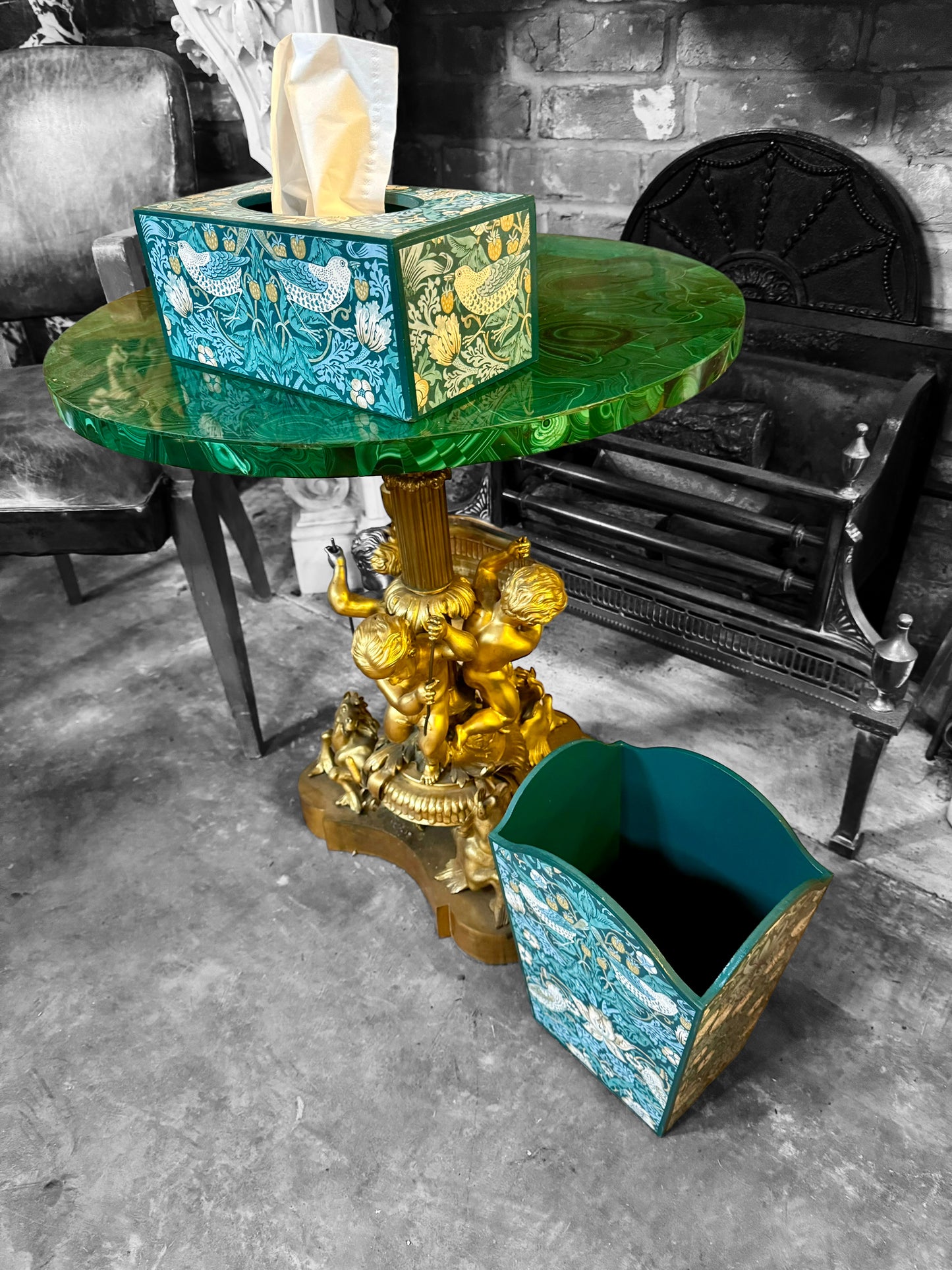 Kelmscott - Matching set - Waste paper bin and square or tissue box cover - Decoupage in William Morris Strawberry Thief by Clarke & Clarke in Teal colourway